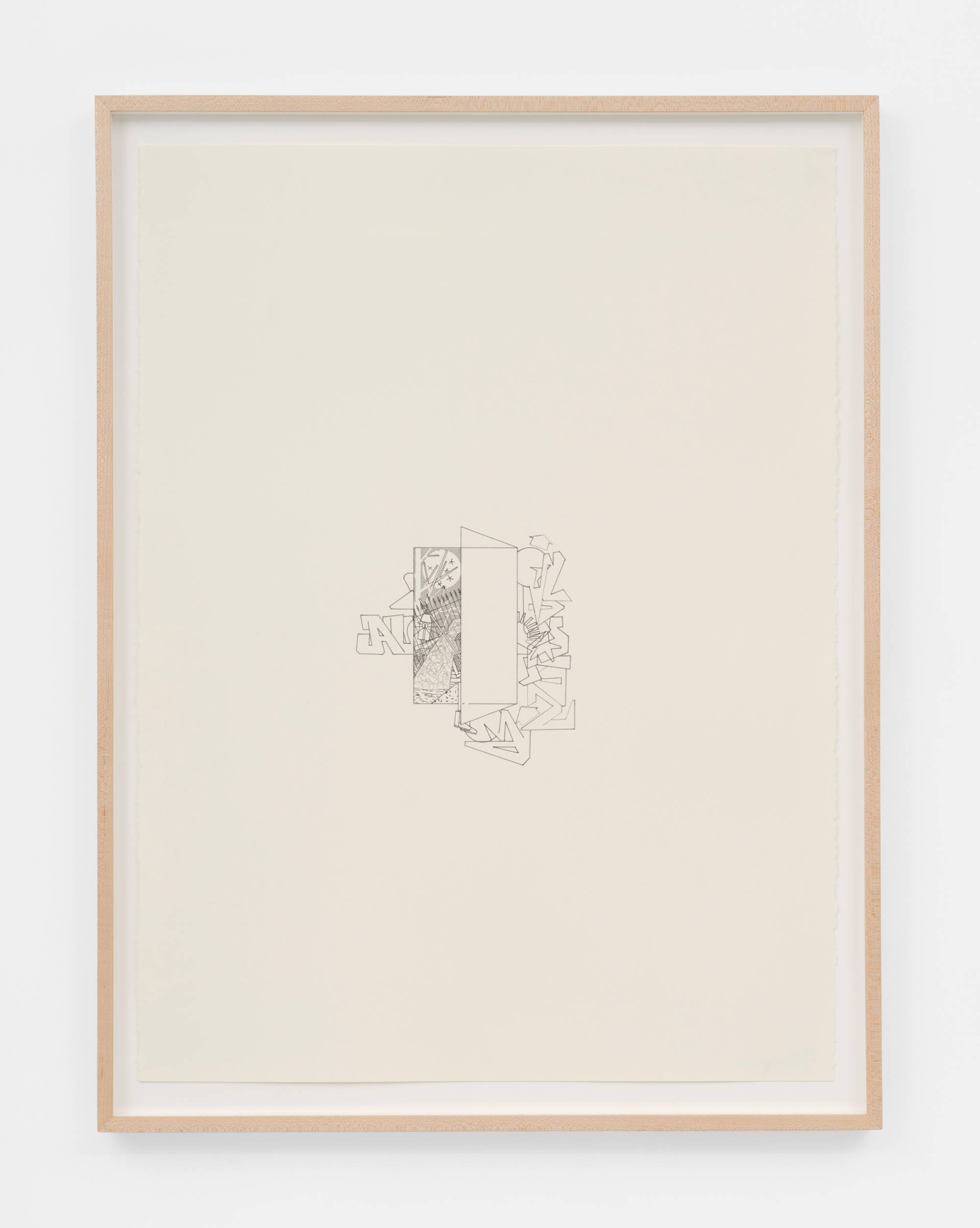 A graphite drawing taking up a small, central portion of a large, off-white sheet of paper depicting a figure with a lantern on a stick sitting in a graveyard, surrounded by graffiti-style text reading "ALONE" in a bright wood frame.