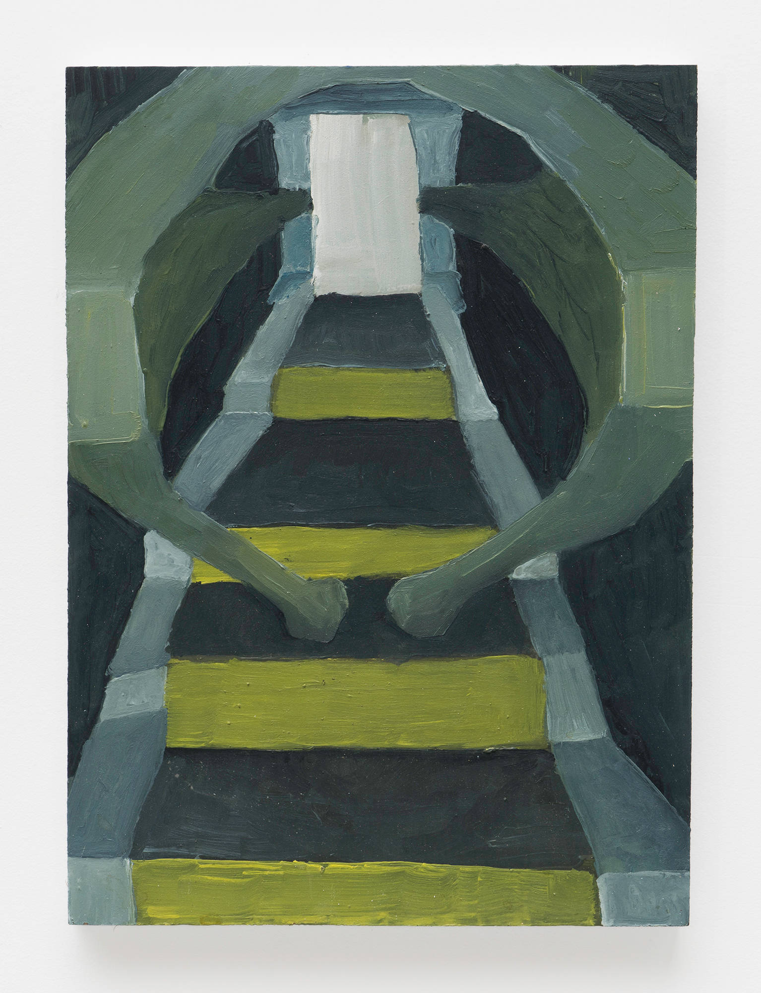 A detail shot of a small abstract painting by Matt Hoyt. In greens and blues, the painting depicts an ascending staircase to a white open doorway, straddled by mechanical looking legs.