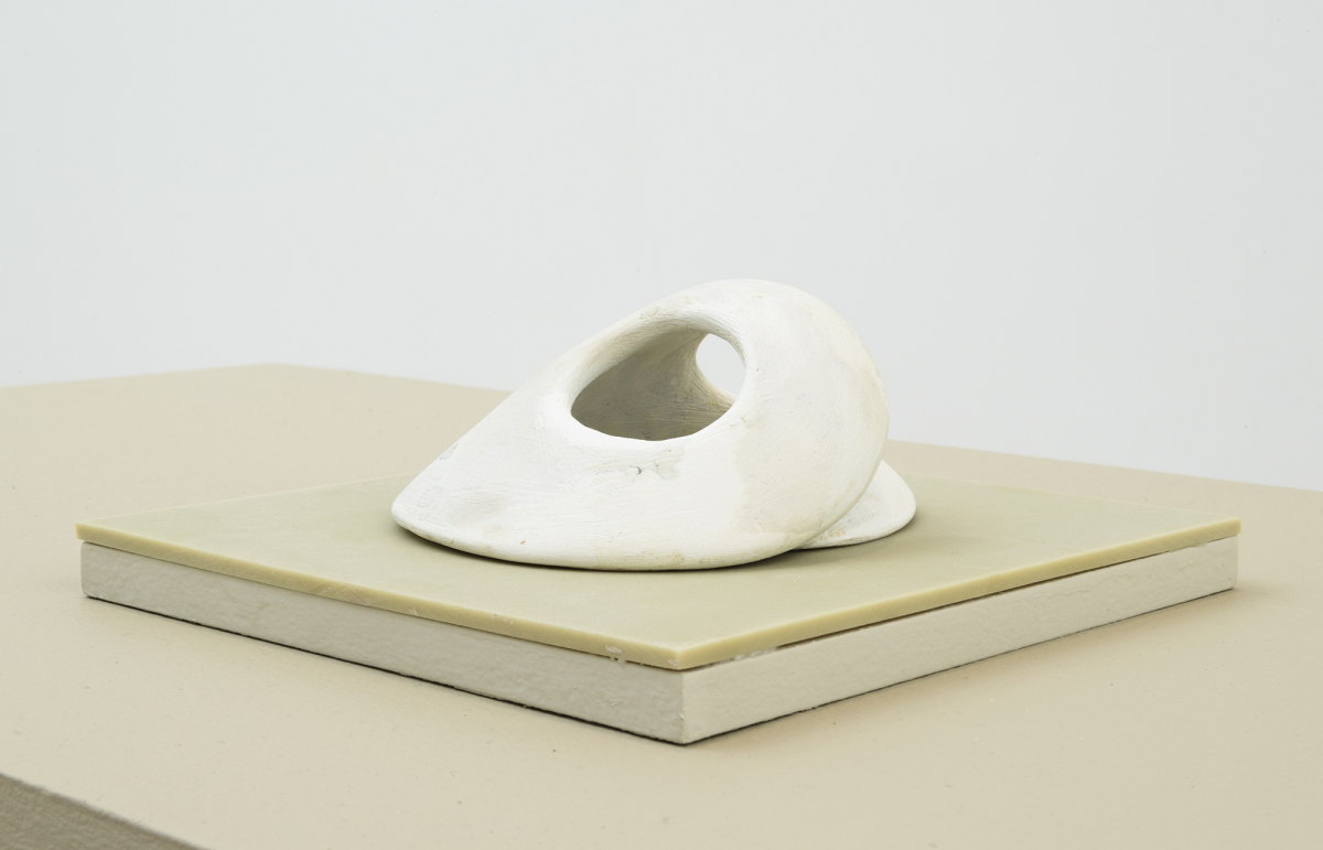 An abstract sculpture resembling a bone form or shell resting on top of a green-tinted plinth with a white wall visible in the background. 