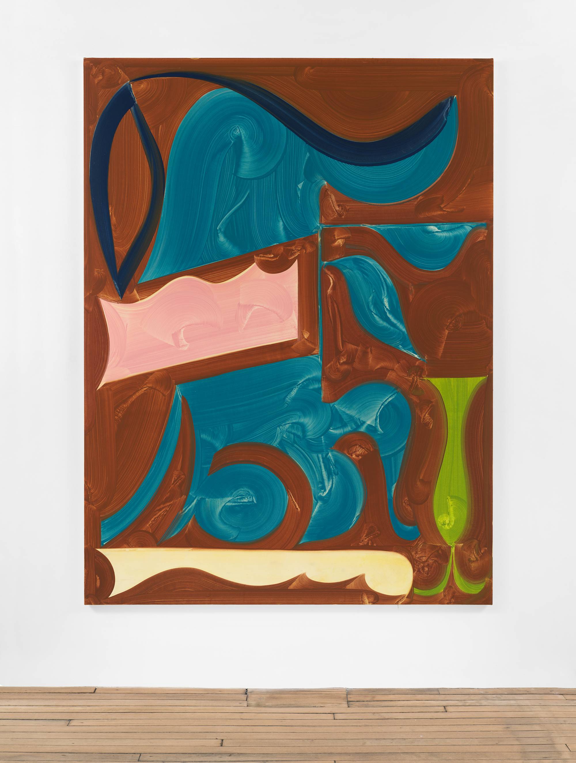 An abstract painting of large, curved shapes with visible brush strokes in blue, green, aqua, white, grey, and pink against a brown background, hangs on a white wall above a wood floor.