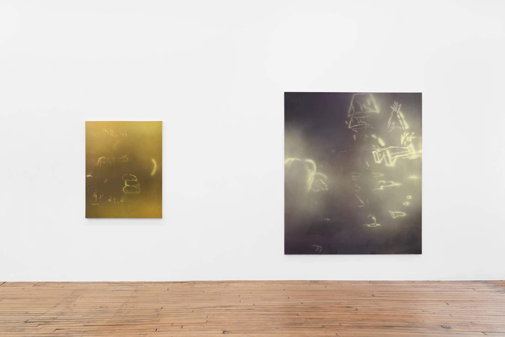 Two vertical abstract paintings spaced evenly apart on a long gallery wall.