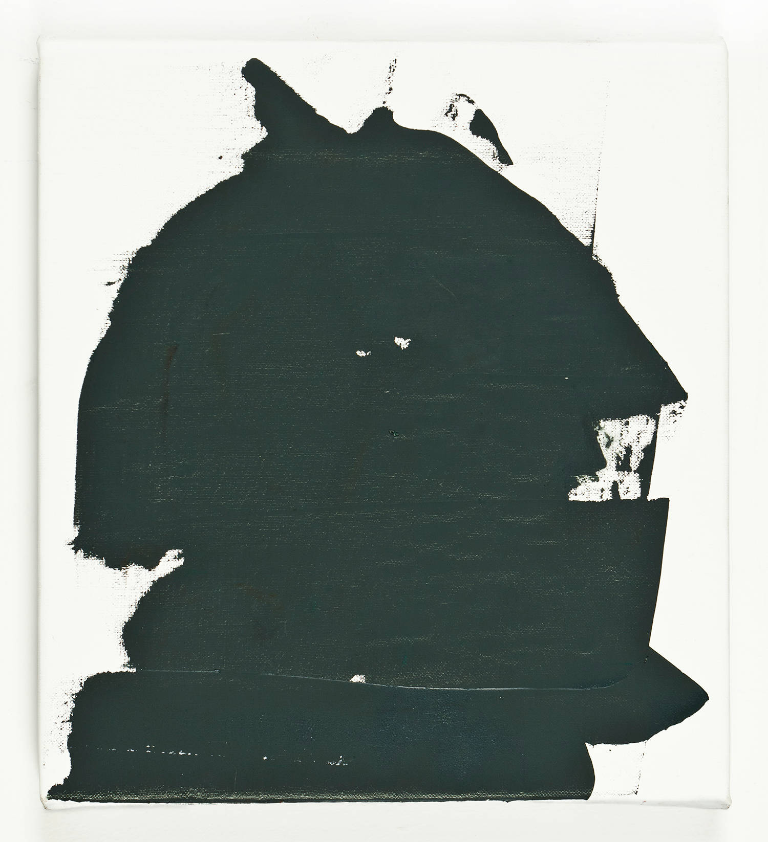 Small, square oil on canvas with a white background and a grey/black abstract gesture that looks slightly like a profile of a monster.