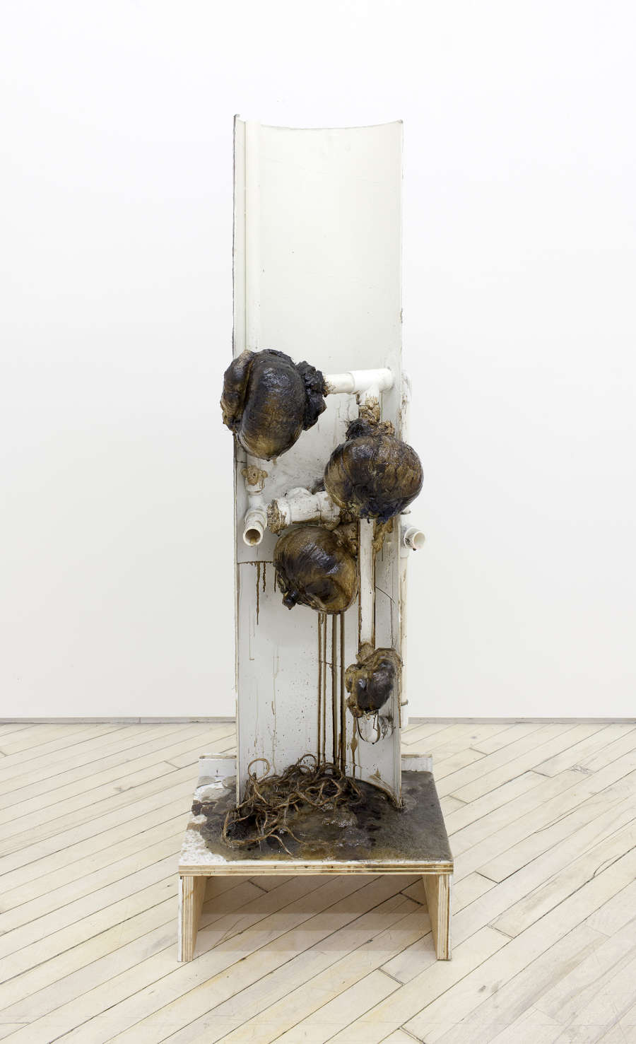 Image of a sculpture by Brandon Ndife showing a white painted tube rising from a wooden platform. There is a network of PVC pipes inside of this tueb with various gourds and other vegetal material growing and spilling over.