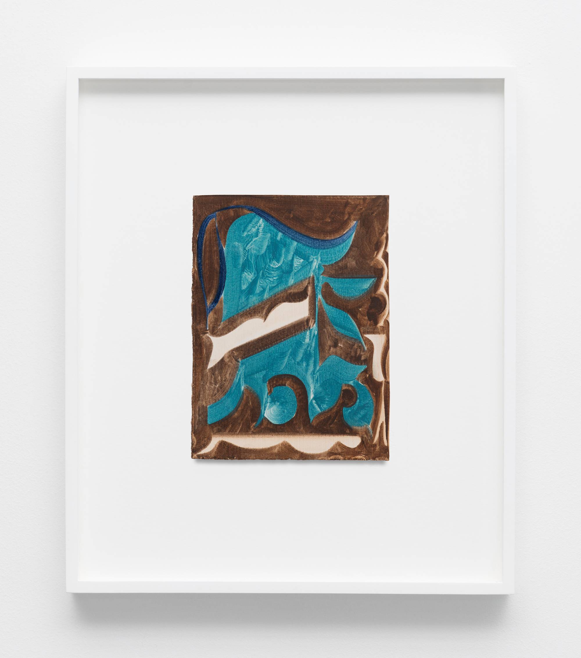 A small, abstract painting on paper in a white frame featuring curved shapes with visible brush strokes in white, aqua, and blue against a brown background.