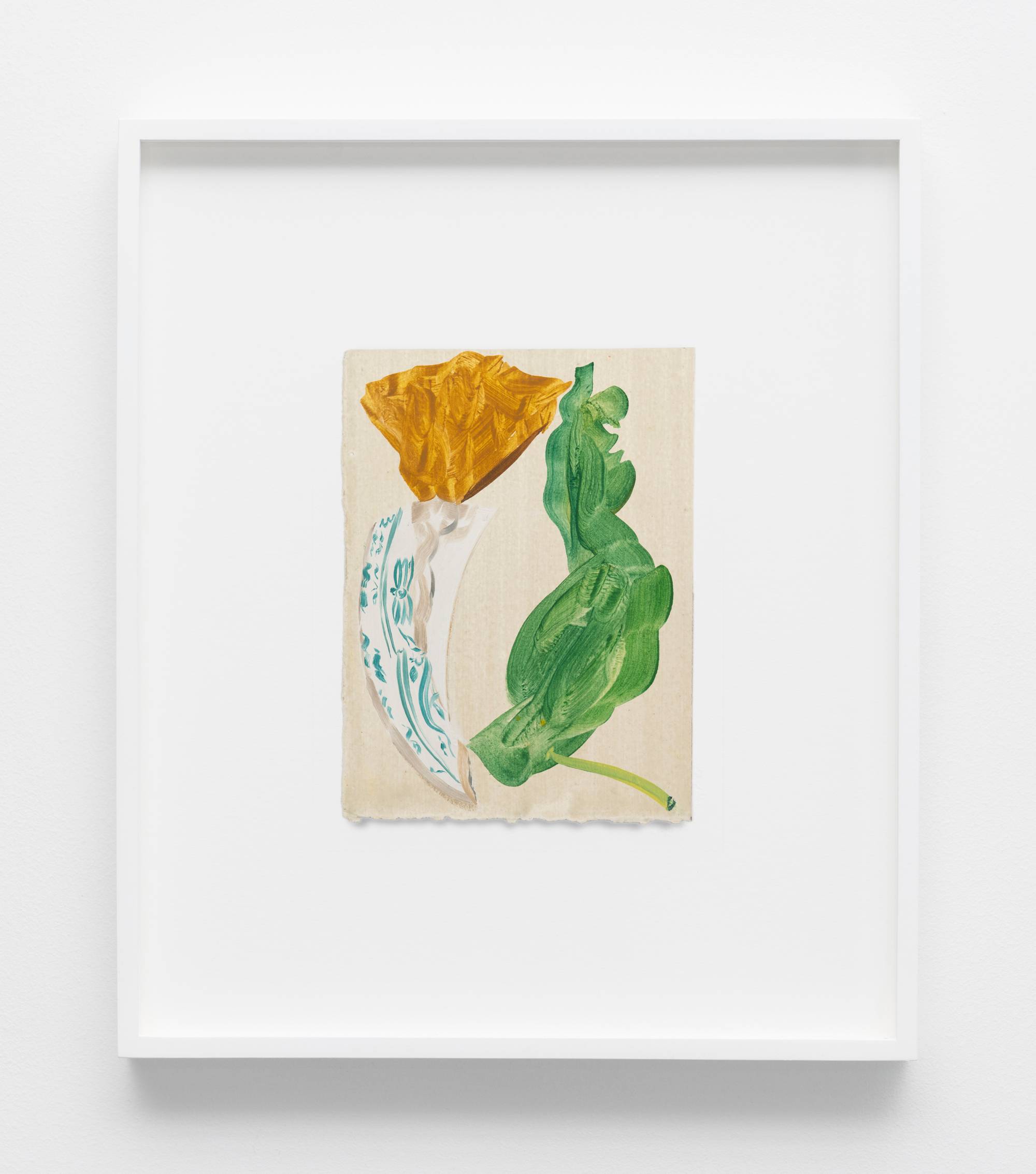 A small, abstract painting on paper in a white frame featuring curved shapes representing a yellow flower, green leaf, and white chip of porcelain with aqua pattern against a beige background.
