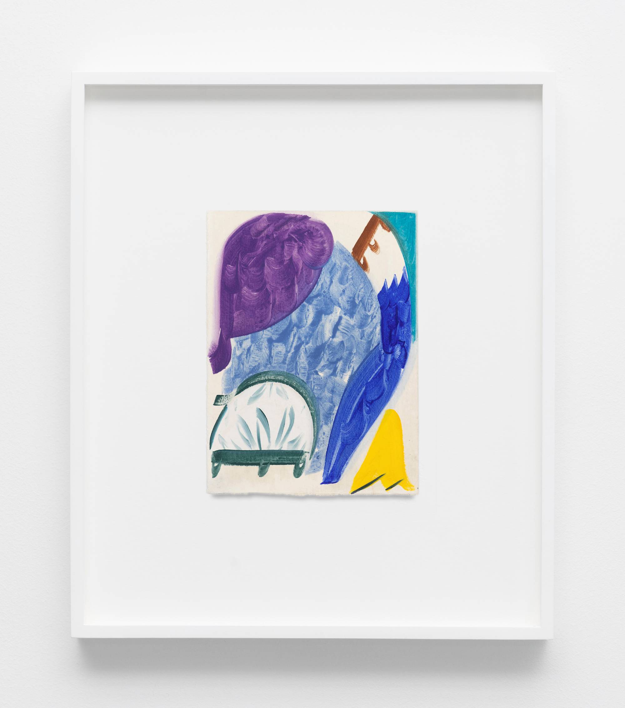 A small, abstract painting on paper in a white frame featuring curved shapes with visible brush strokes in blue, green, aqua, brown, yellow, and purple against a cream background.
