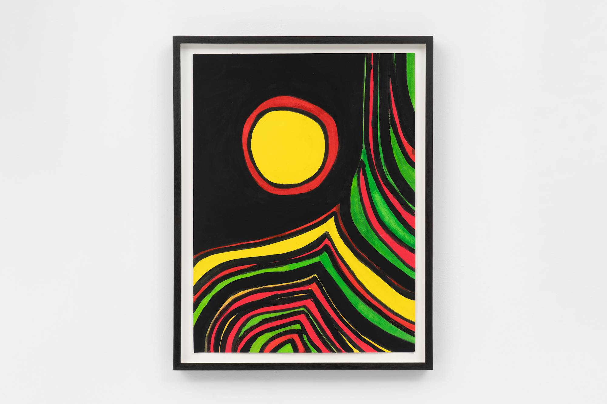 An ink drawing of the sun against an abstract background depicted in hues of green, black, yellow, and red, in a dark brown wood frame.