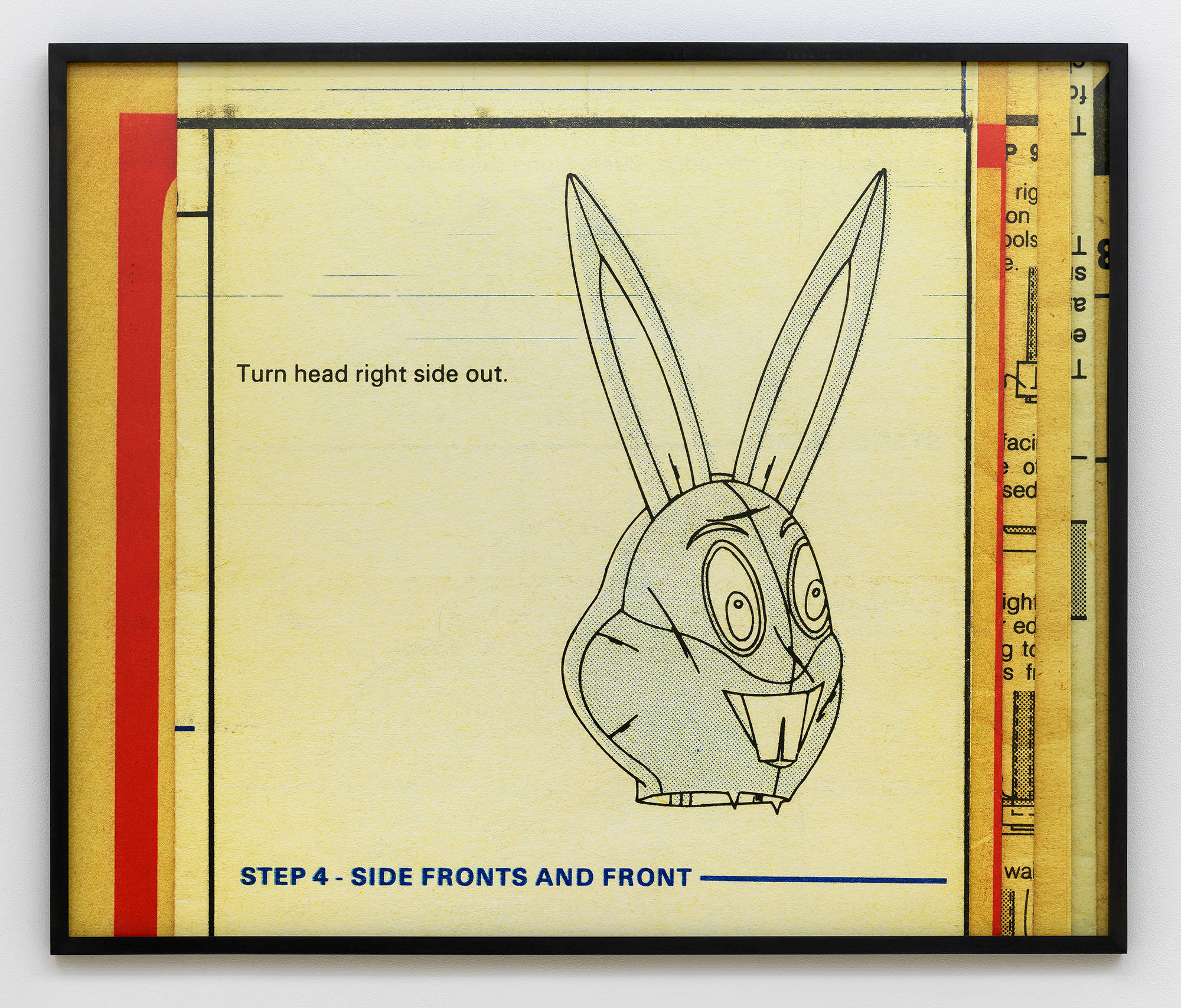 An image of a photograph in a black frame depicting a sewing mostly an adult sized bunny mask. The paper is aged with a yellow hue and very coarse texture. Some text is visible that says "turn head right side out" and "Step 4 - side fronts and front"