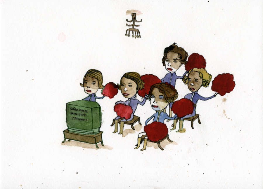 Still image from the animated film Brand Bad News showing a number of people seated in chairs in front of a television each holding a large red pom-pom.
