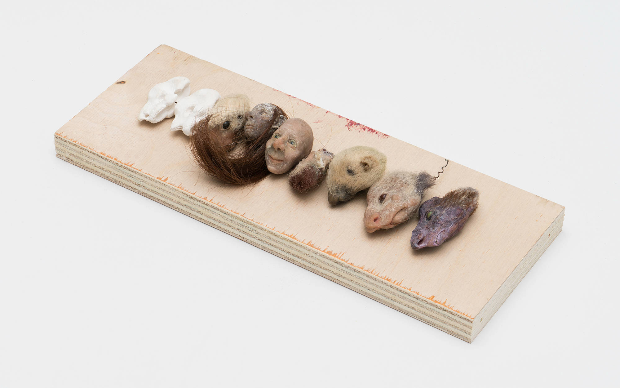A table-mounted sculpture with a wooden base and numerous small heads made of clay and various materials resembling animals and humans.