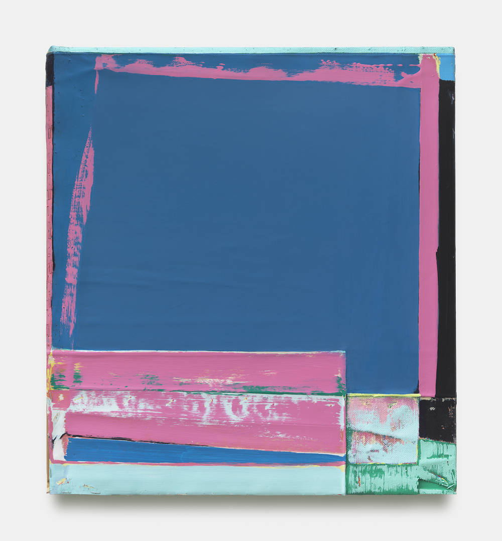An abstract painting consisting primarily of a rectangular block of dark-blue paint. There are stripes of roughly painted pink and aqua paint. There is a dark black strip along the right edge. The paint is thick. 