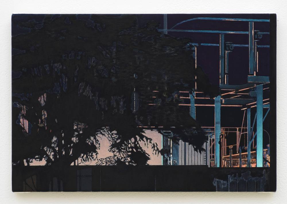Oil on canvas painting depicting a night scene of an electrical power plant or substation the a silhouette of a tree and a wall obscuring most of the image.