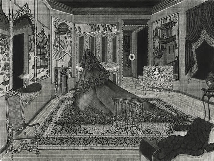 Black and white pen and graphite drawing by Kyung-Me rendered in perspective, showing a decadent room decorated with lush furniture and wallpaper, a figure in the center of the drawing draped in black dress head to toe.