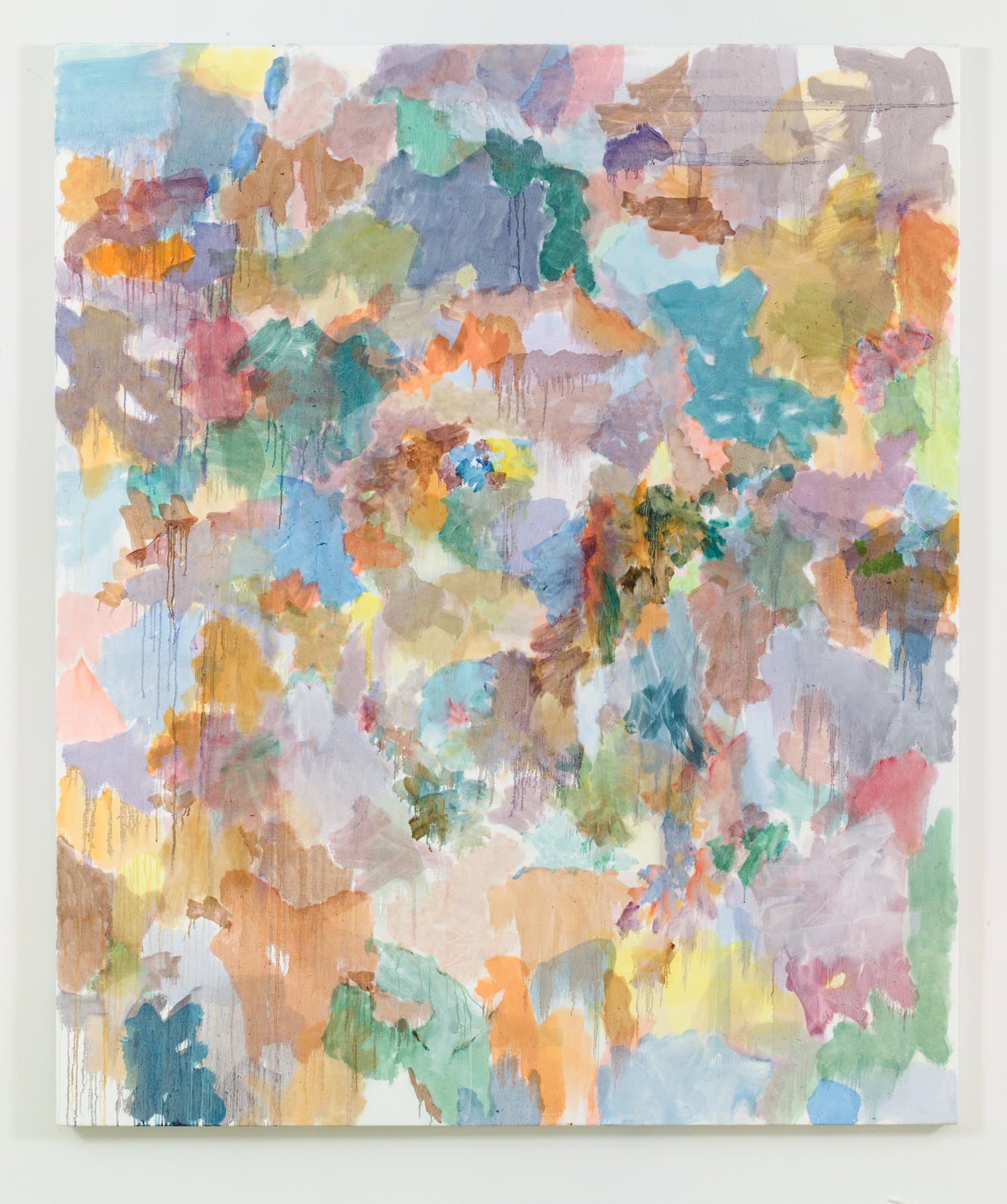 A large abstract painting with numerous swatches of color on top of one another. The paint is applied in thin layers and in some areas is dripping.