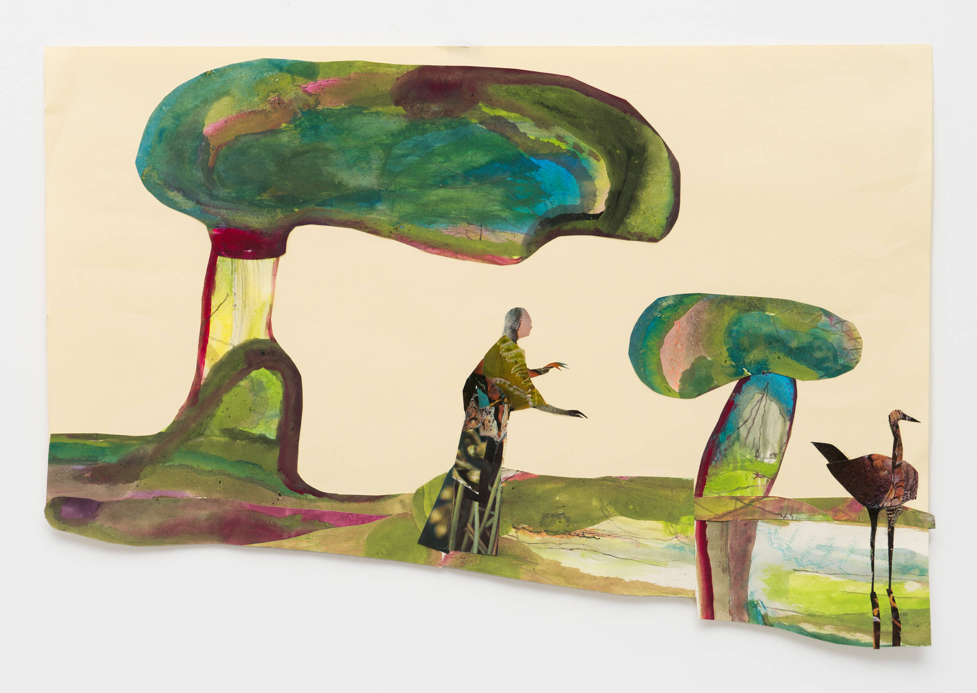 A collage of a pond with trees on warm toned paper utilizing some hand painted elements and some clipped from magazines. A figure approaches a bird in a pond.