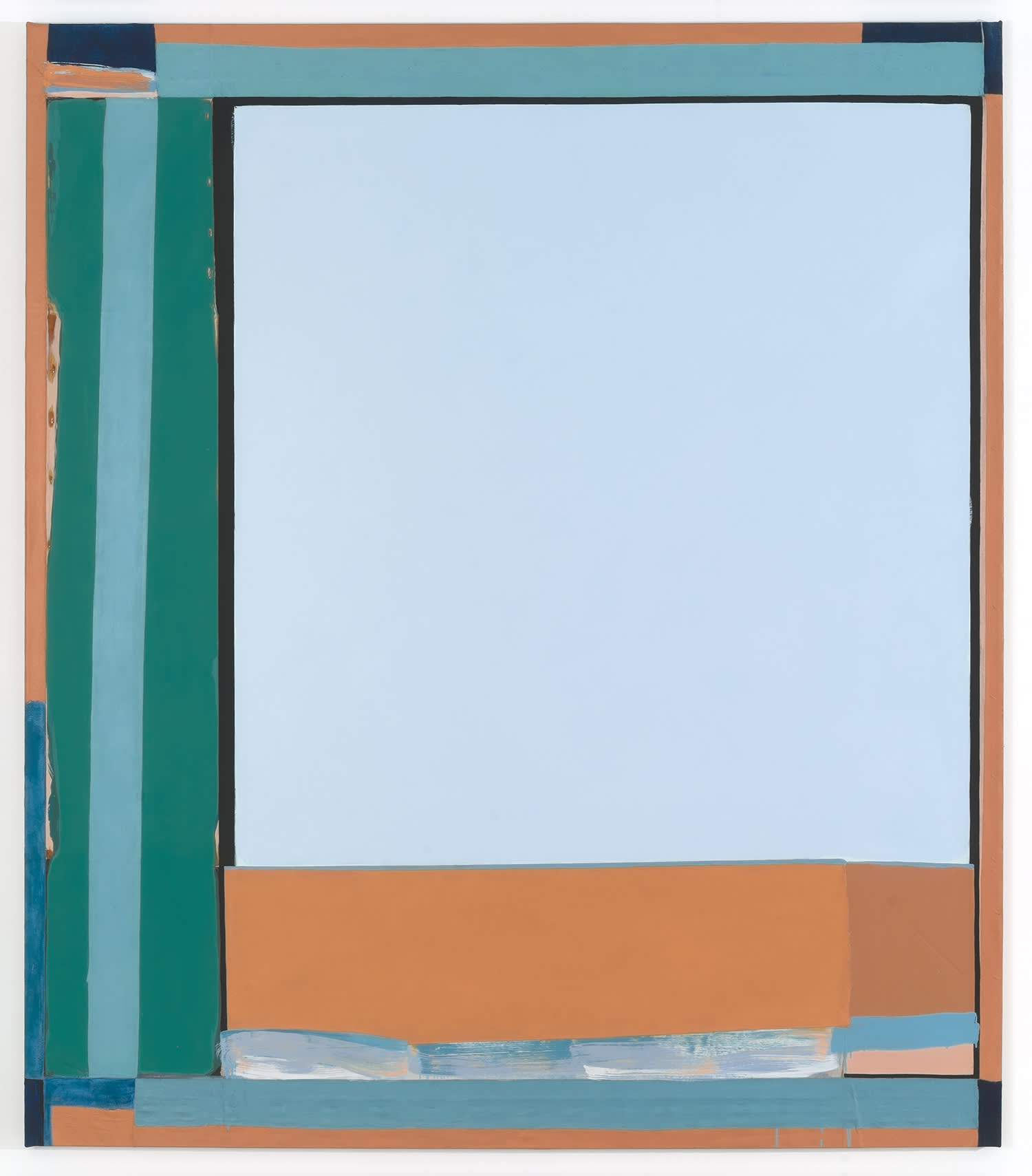 Large abstract painting with tones of green, blue, and terra cotta brown with some outlines of black and grey. The work features a central light blue rectangle, edged by stripes of various colors.