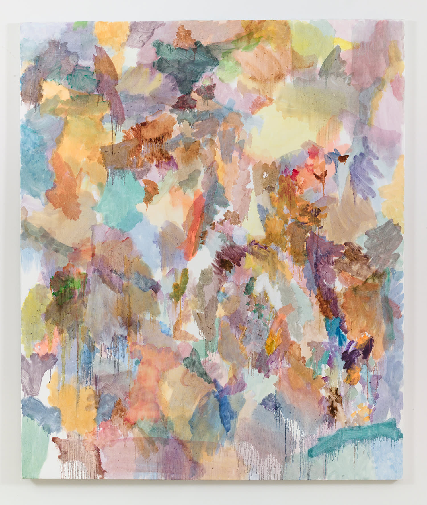 A large abstract painting with numerous swatches of color on top of one another. The paint is applied in thin layers and in some areas is dripping.