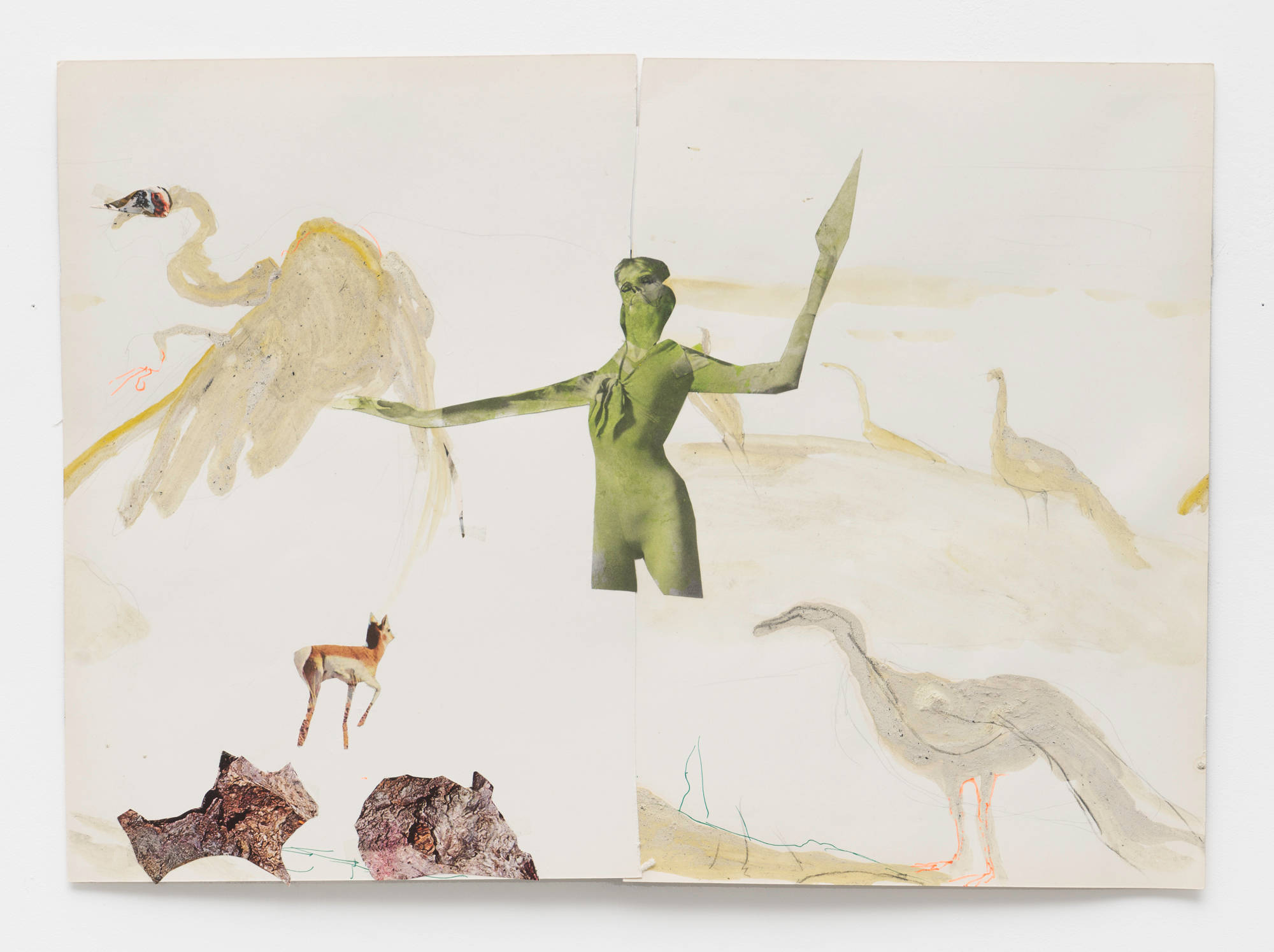 A collage on paper depicting a green figure with right arm outstretched and left arm bent in an "L" with it's hand up. Various birds are lightly painted around the figure as well as other abstract animals cut from magazine photos.
