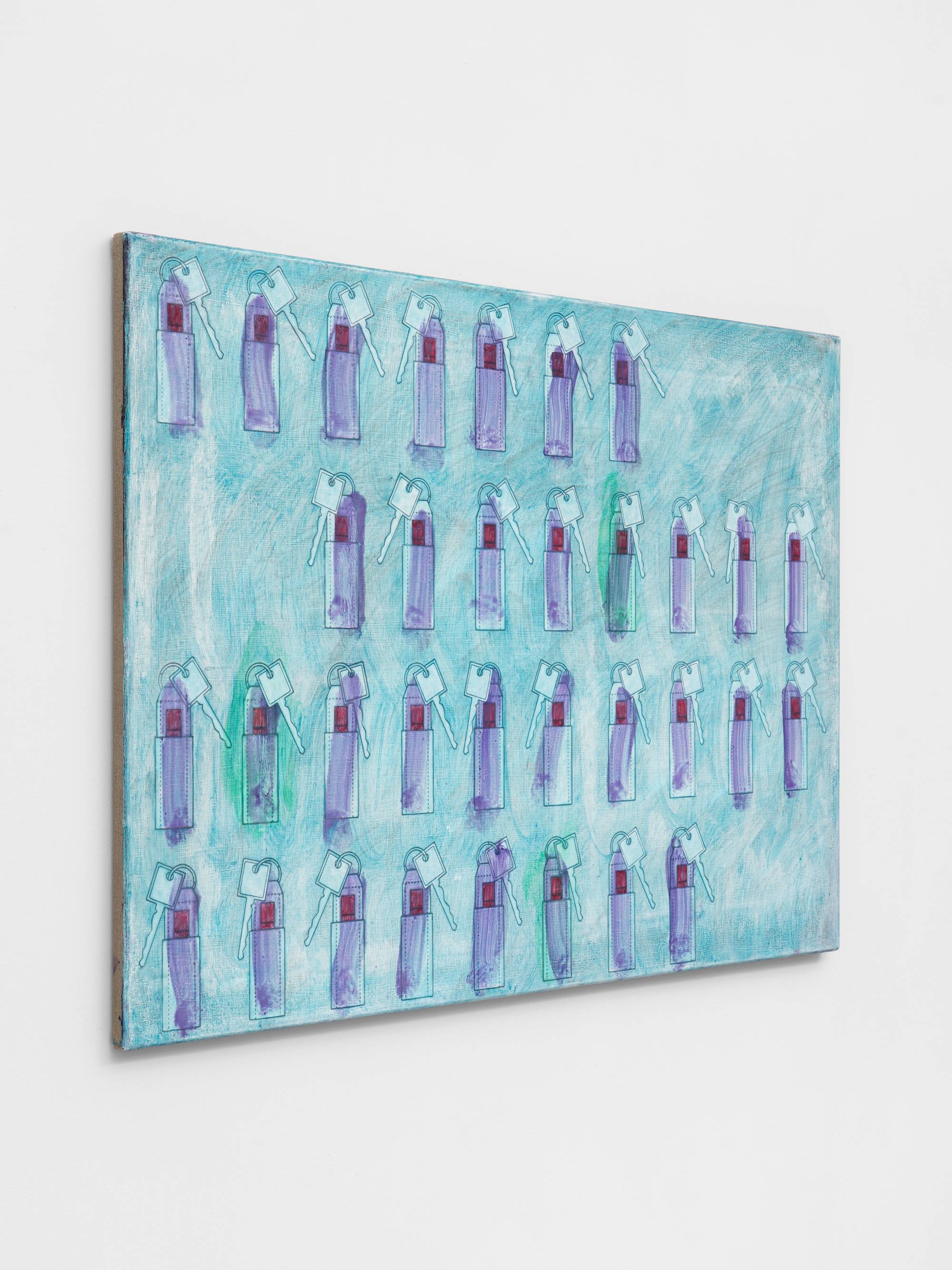 Painting of purple lip balm holder key-chains against a blue background.