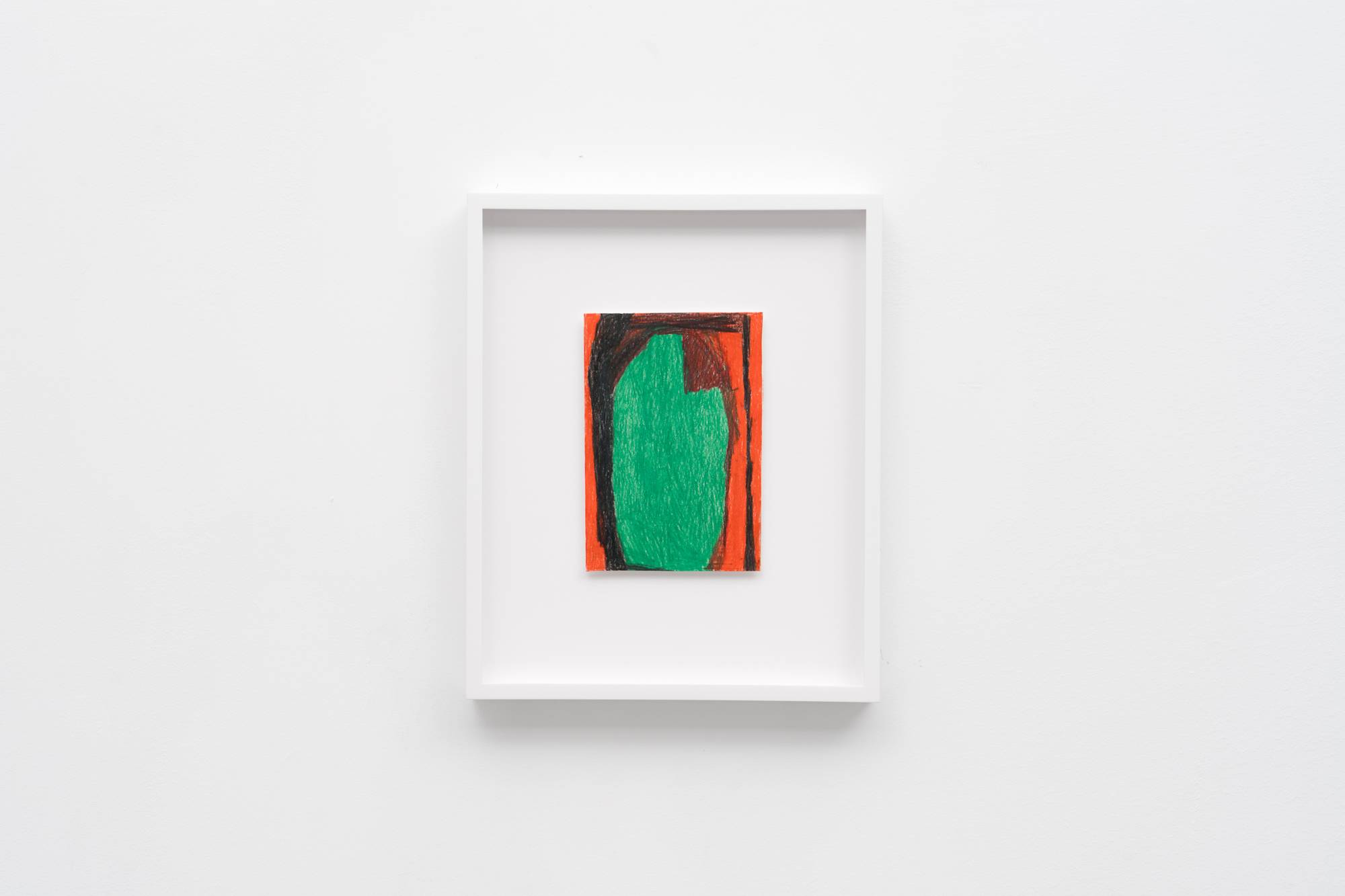 Cathy Lebowitz abstract colored pencil drawing featuring a monolithic egg shape occupying much of the frame rendered in green, black, and red, mounted in a white frame.