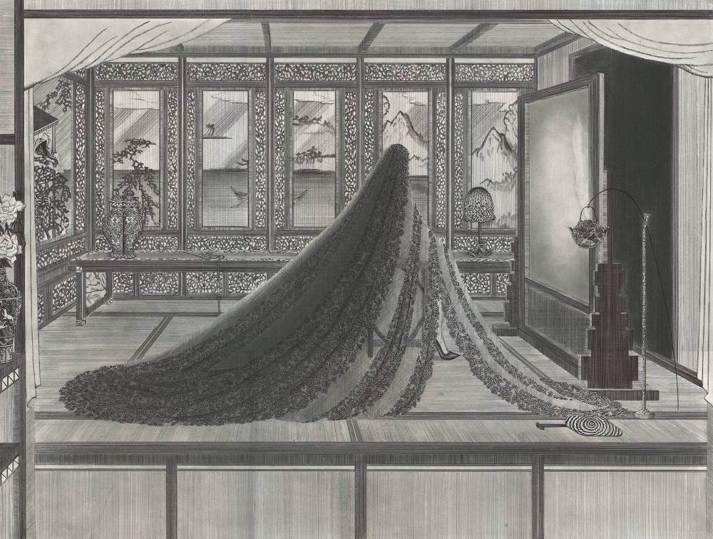 Black and white pen and graphite drawing by Kyung-Me rendered in perspective, a figure stands in a room with a large black dress covering their entire body and draping to the floor. They are standing in front of a mirror with one foot slipping out from under the dress.