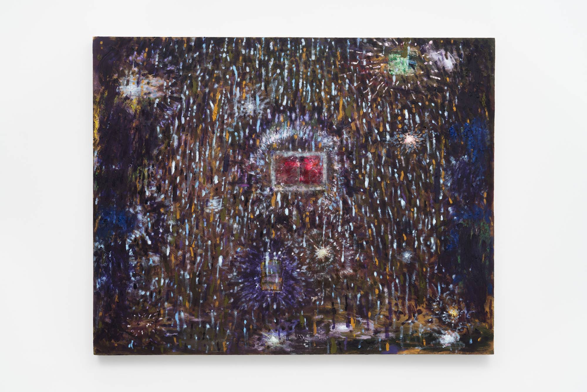 A large, dark blue, abstract painting with a shower of glittery rain in hues of light blue and gold. Flashes of white paint are scattered evenly about the surface. In the center, a notebook page depicting an indistinct red landscape, is pasted to the canvas.
