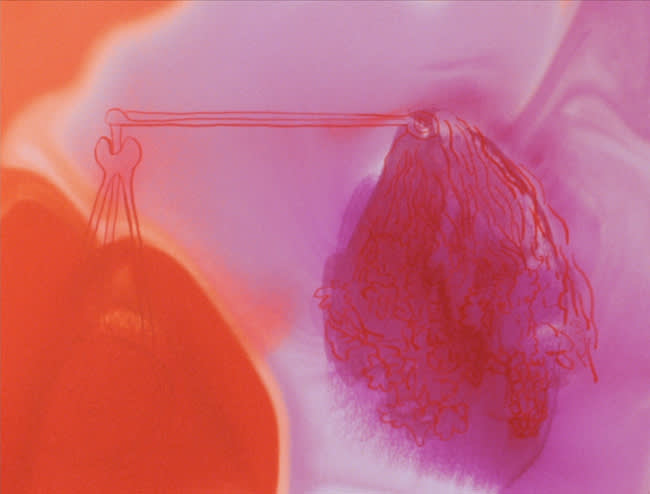 A still image from an animation. The image contains ink drops in color, flooding into one another. The blotches are pink, orange, and purple. Beneath the wash of color is a loose drawing of an architectural apparatus. 