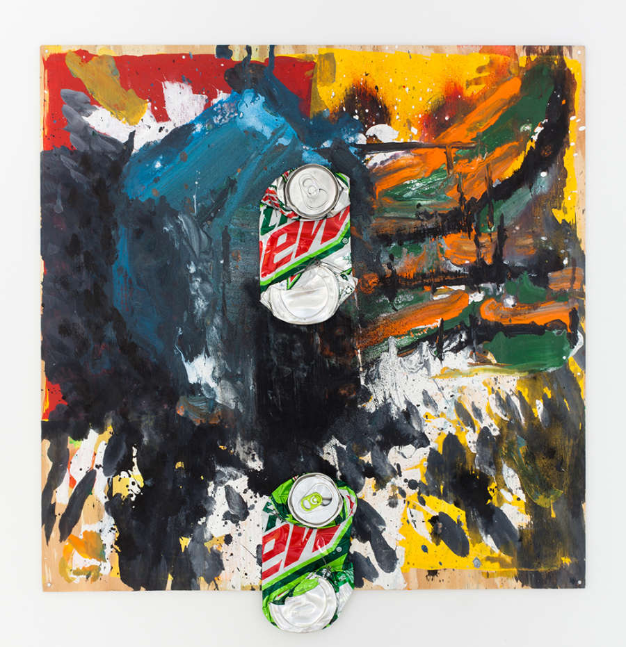 A square abstract painting with various gestural brush marks in an array of colors with two crushed Mountain Dew cans adhered to the center of the painting. 