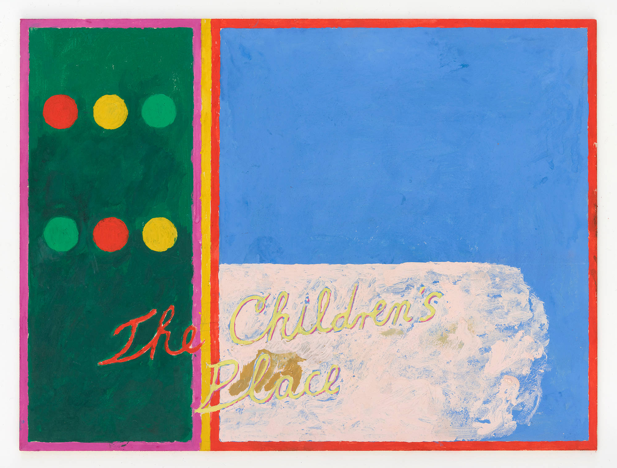 A small drawing with the words "The Children's Place" written in cursive at the bottom. There are circles drawn in red, yellow, and green. Behind the words is a window of blue material with a reddish bar.