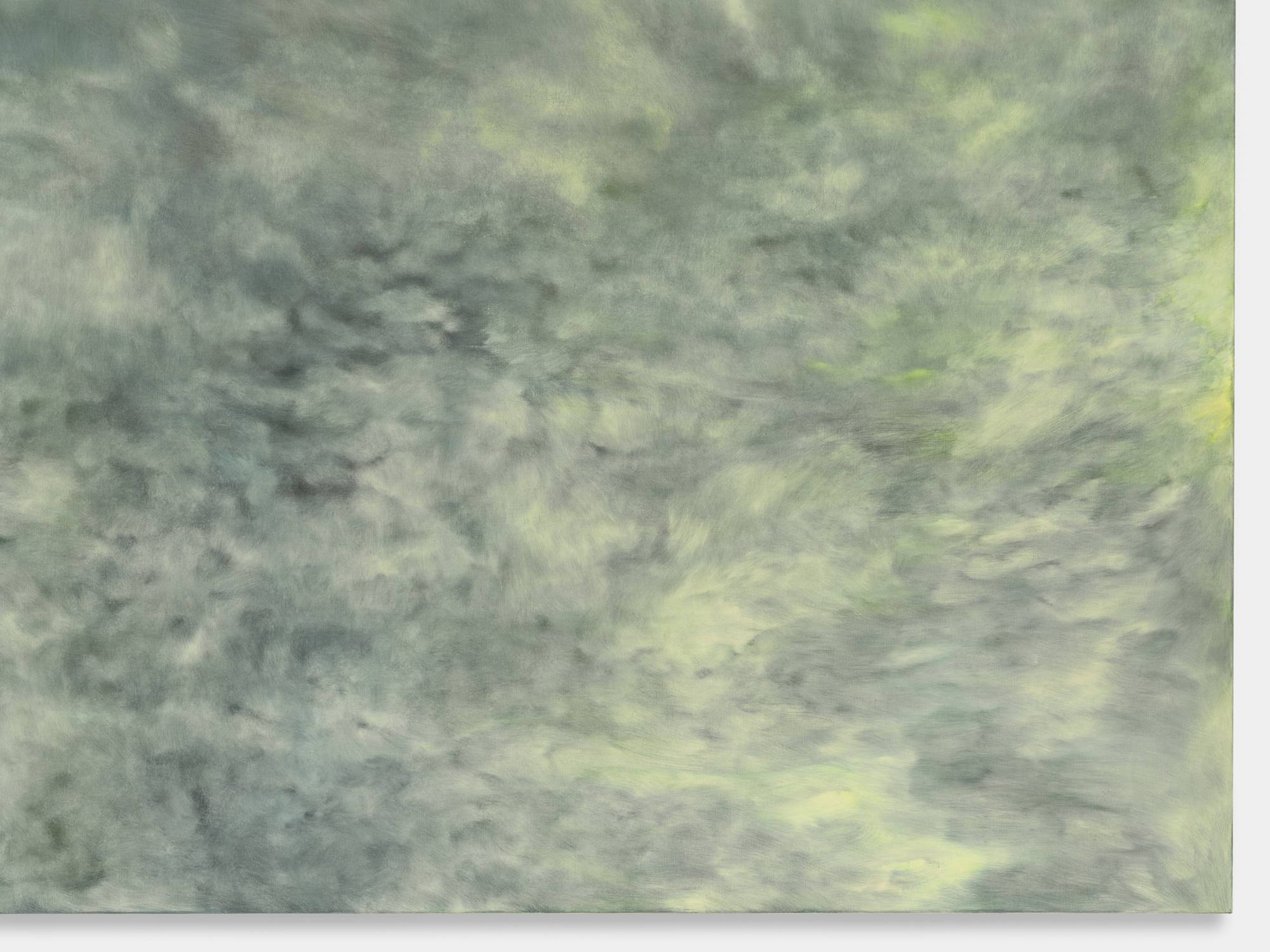 Detail of a large square abstract painting. Brushy yellow and blue marks combine to make a mix of green hues.