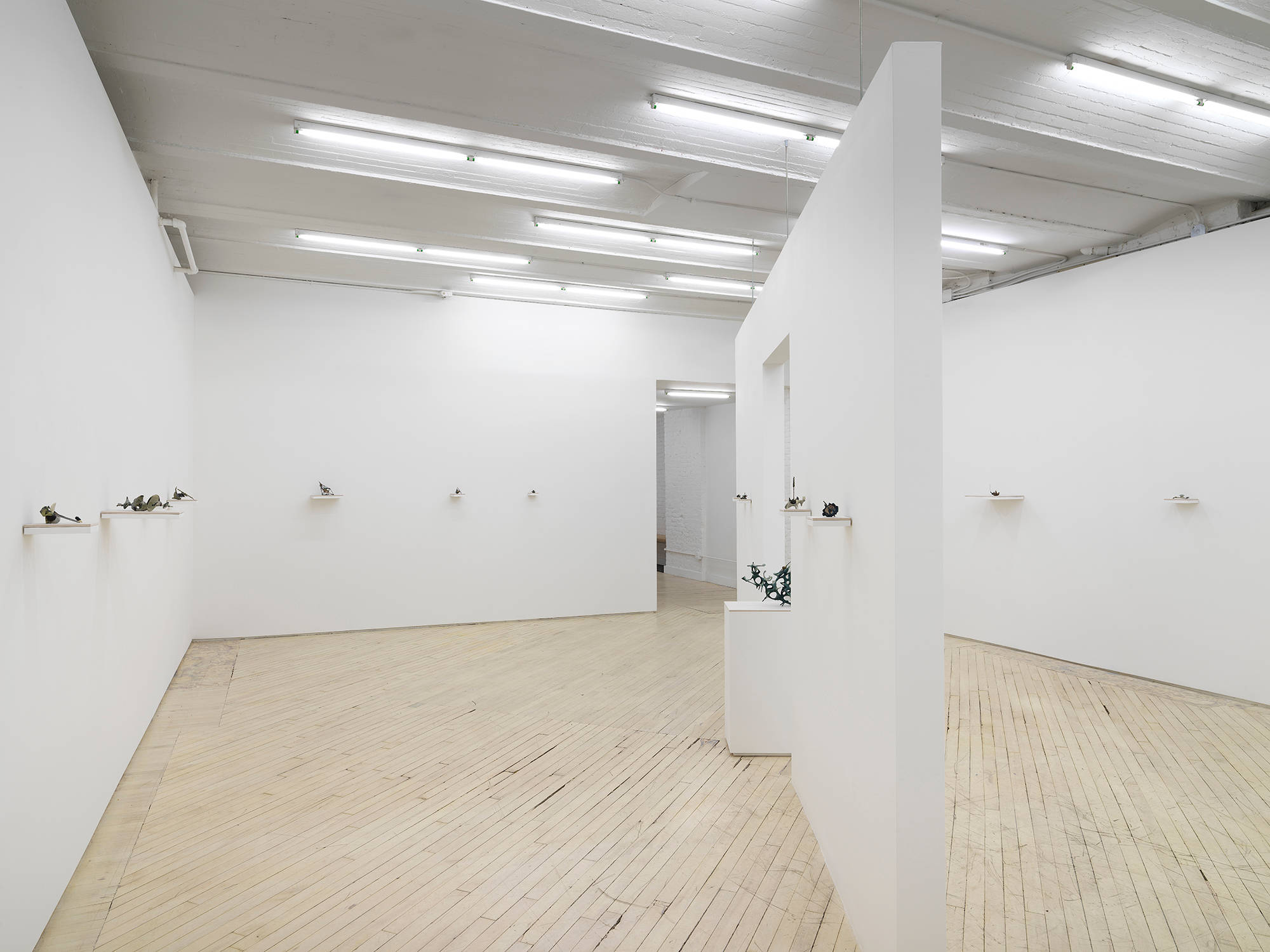 In a gallery space, numerous miniature abstract sculptures are hung evenly spaced apart on small shelves installed directly to the wall. In the center of the room is a freestanding diagonal wall with a doorway or passage cut into it. In the center of the frame is a larger abstract sculpture resting on top of a plinth.