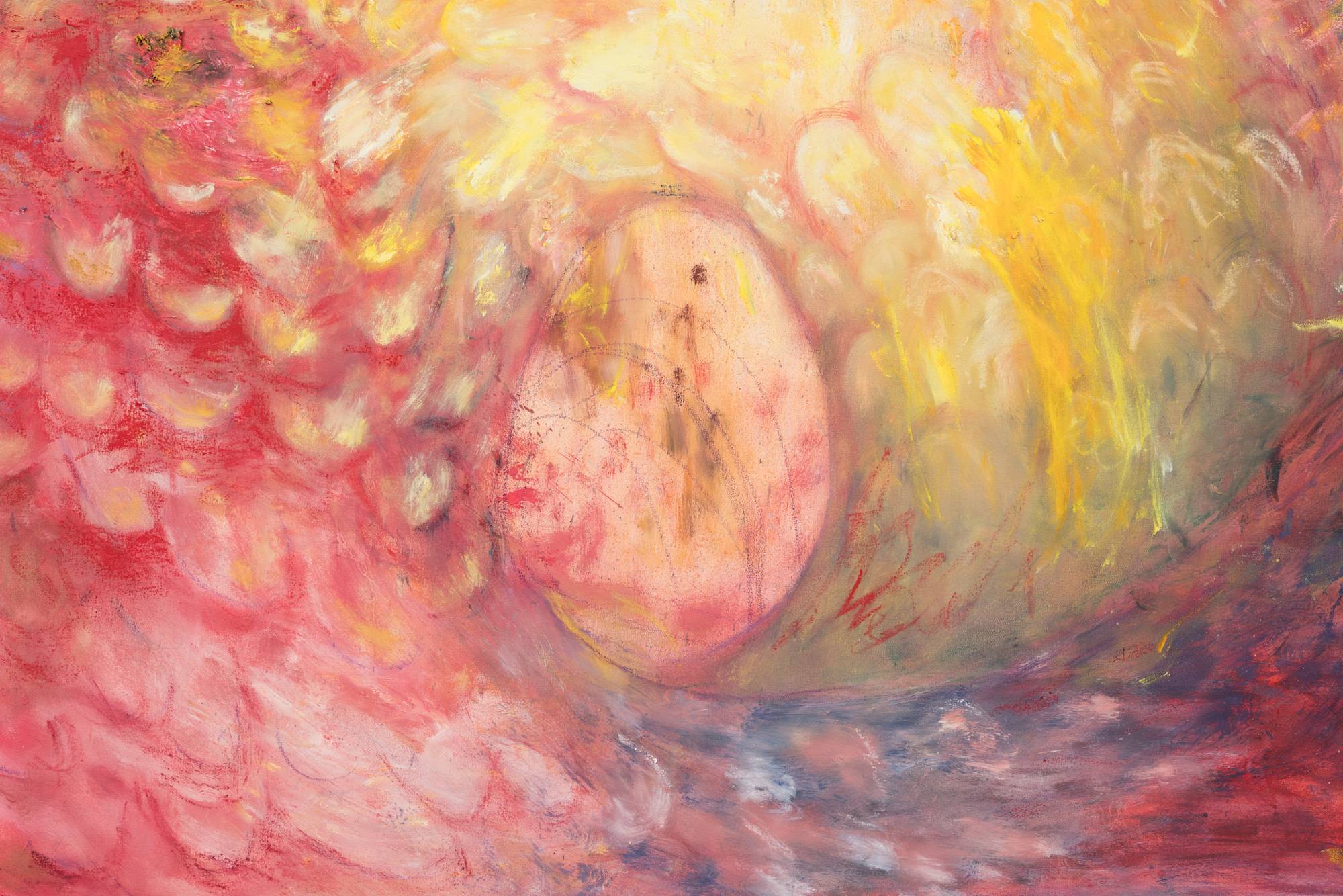 Detail of a large, abstract oil painting of a coiled dragon in hues of gold, crimson, and navy. A swirl of scales around a negative egg shaped space.