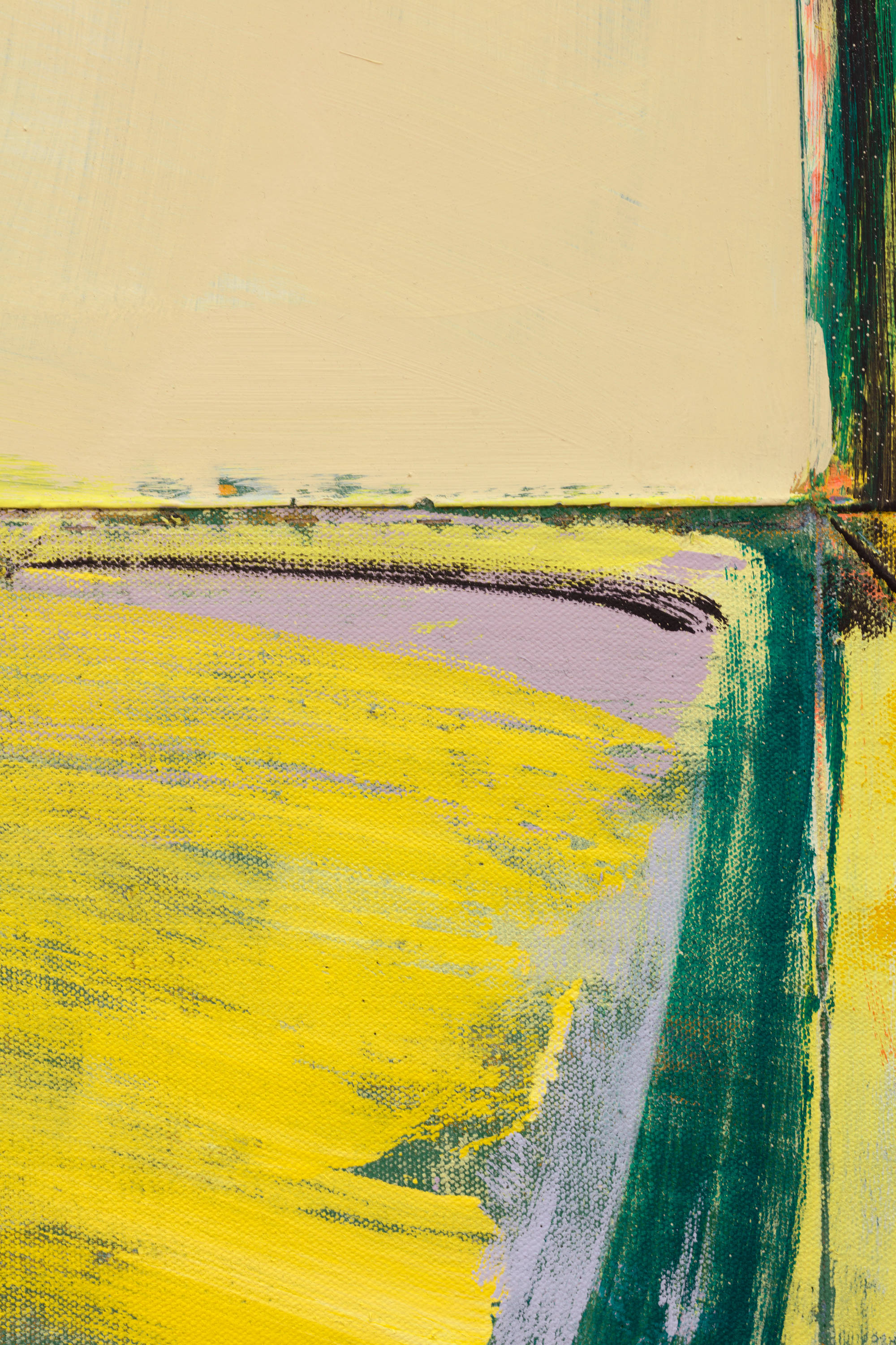 A detail of an abstract painting with a matte surface on top and brushy marks toward the bottom, rendered primarily in a range of yellows and greens.