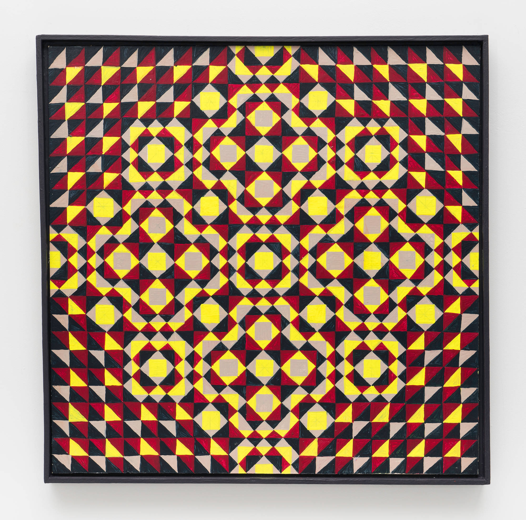 A colorful, symmetrical, geometric painting on board consisting of a pattern of repeating diamonds and triangles of yellow, red, violet, and dark blue, in a dark blue artist frame.