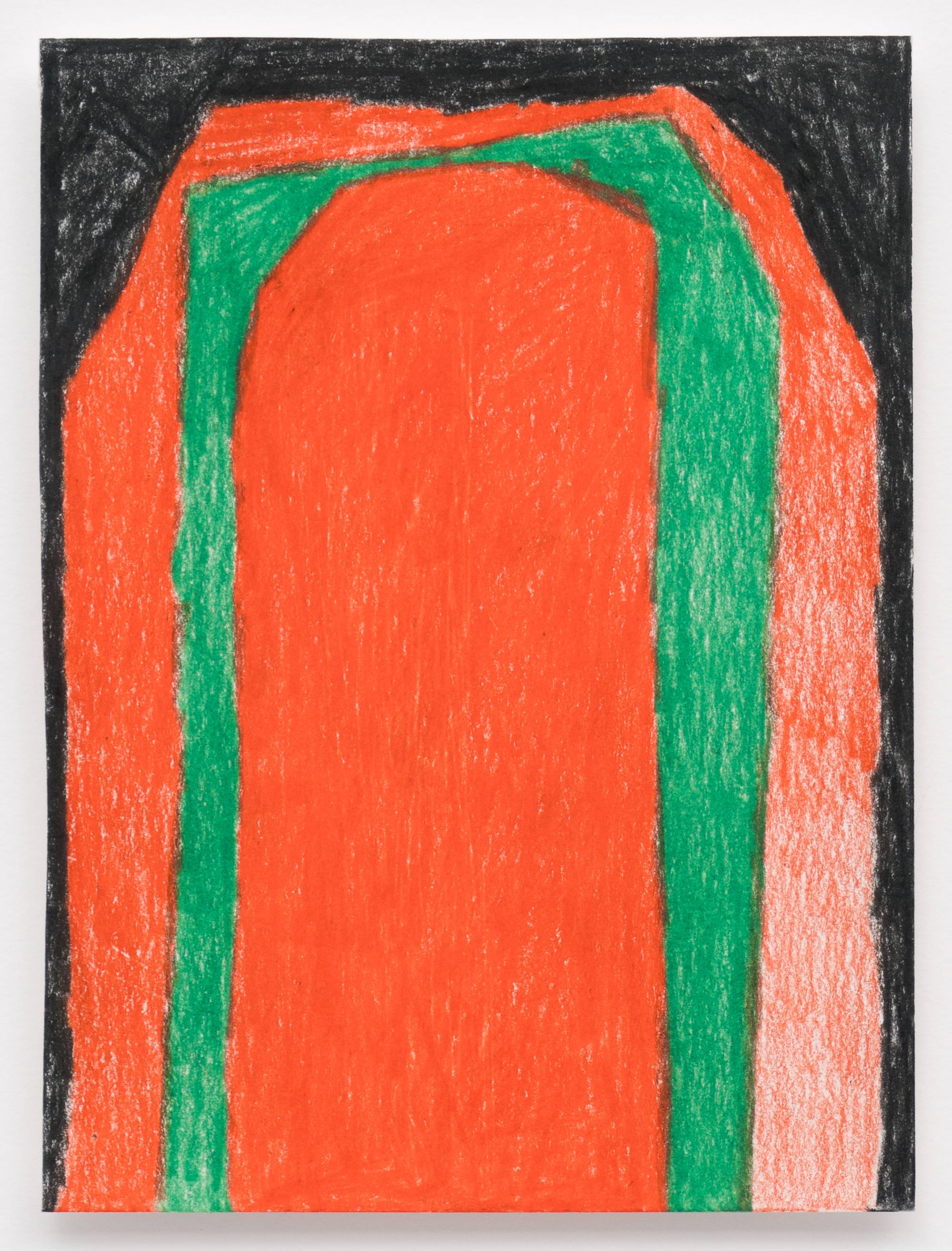 Detail of Cathy Lebowitz abstract colored pencil drawing featuring a monolithic egg shape occupying much of the frame rendered in green, black, and red.