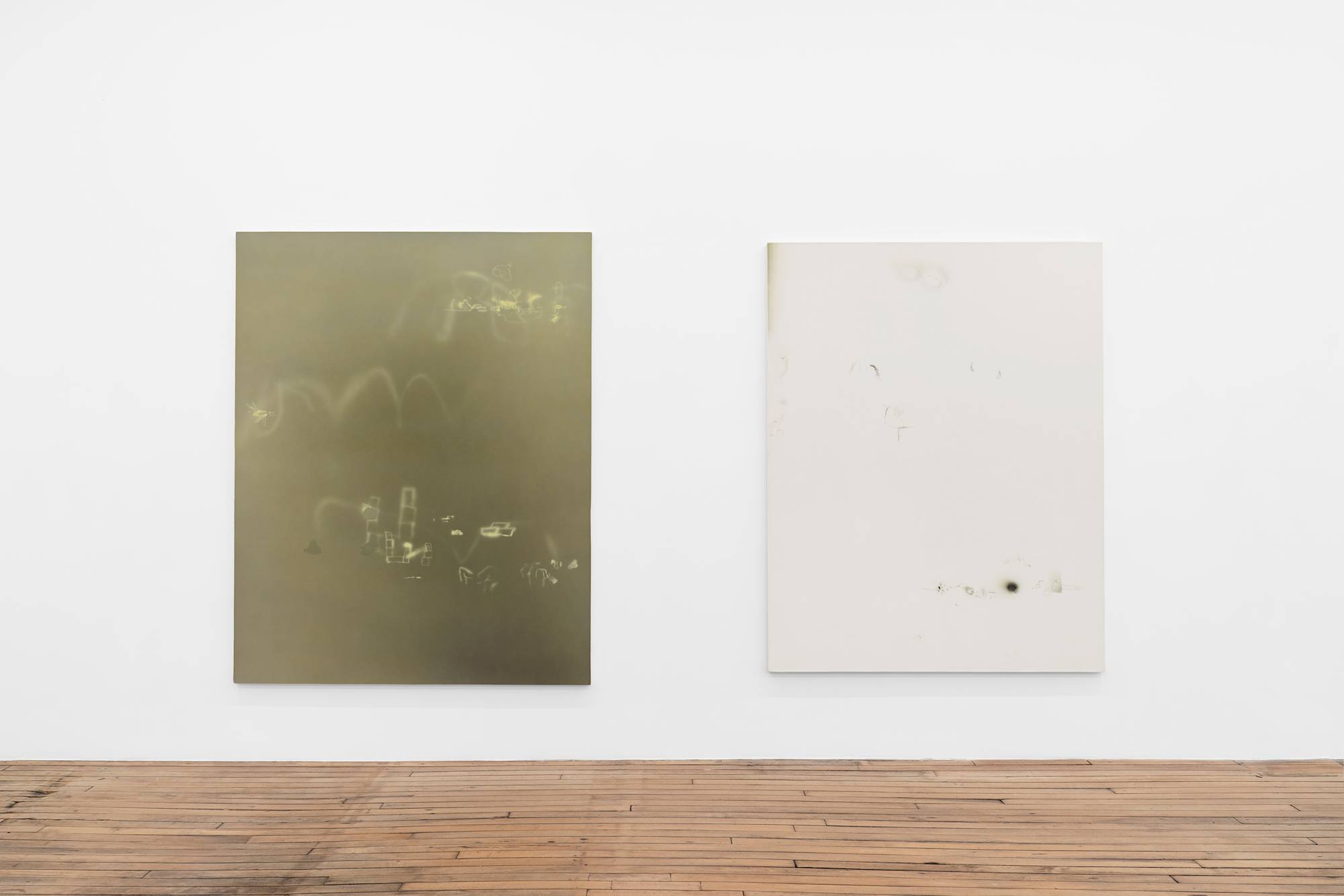 Two large, vertical abstract paintings depicting a range of subtle airbrushed marks.