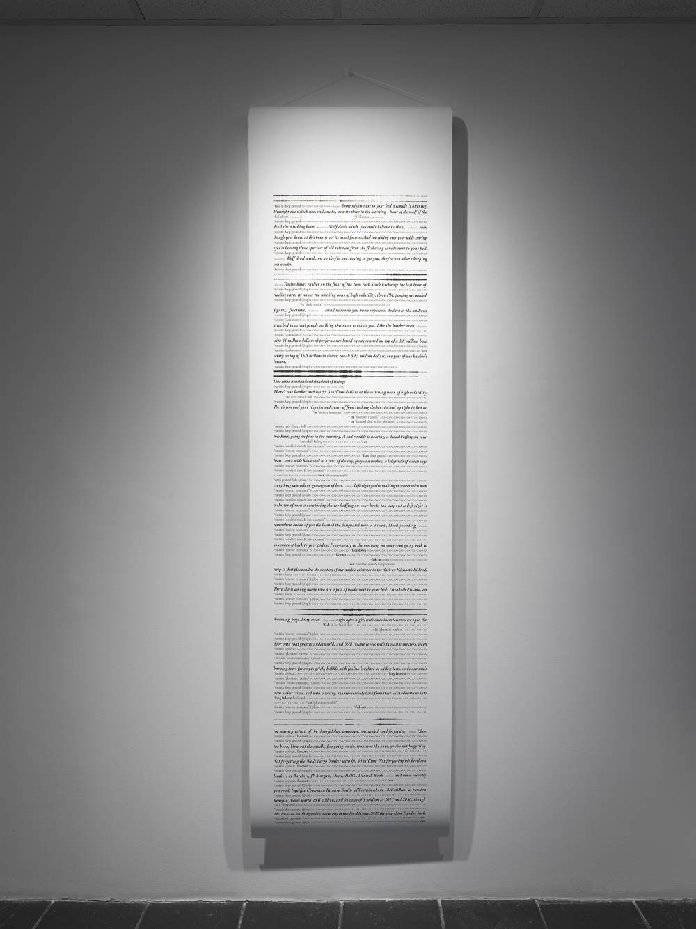 A long vertical scroll of text hanging on a white wall. 
