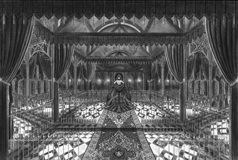 Image of a dark, heavily adorned gothic room with a central figure cloaked in a dress, rendered in pen and crosshatching.
