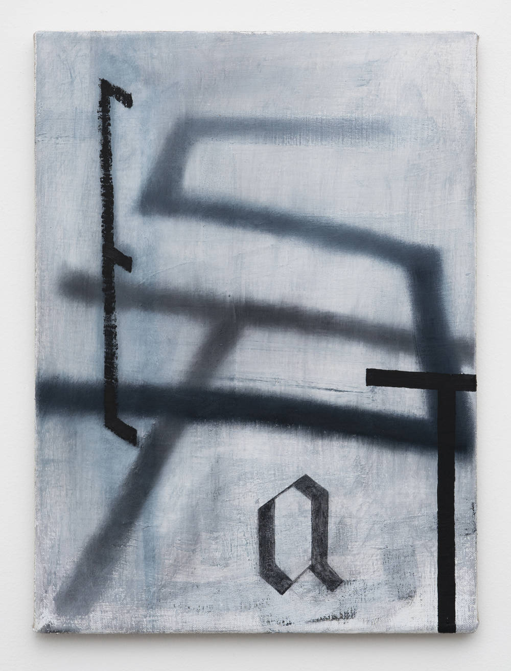 An abstract painting depicting a combination of abstracted letters painted in a range of grays. 