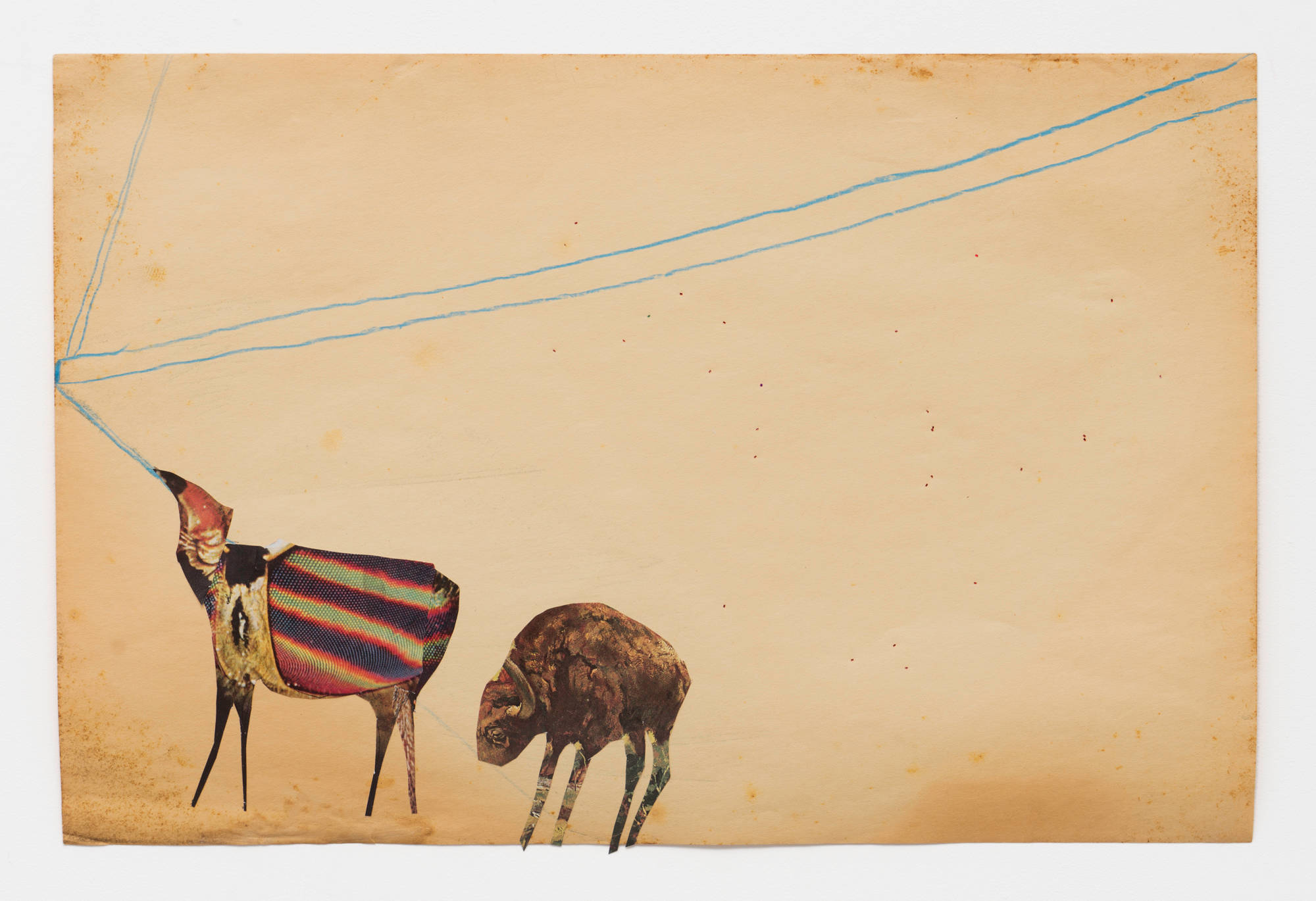 2 abstract creatures are collaged from magazine photos and mounted to a faded sheet of construction paper. 6 blue lines in crayon are drawn in pairs across the sheet.