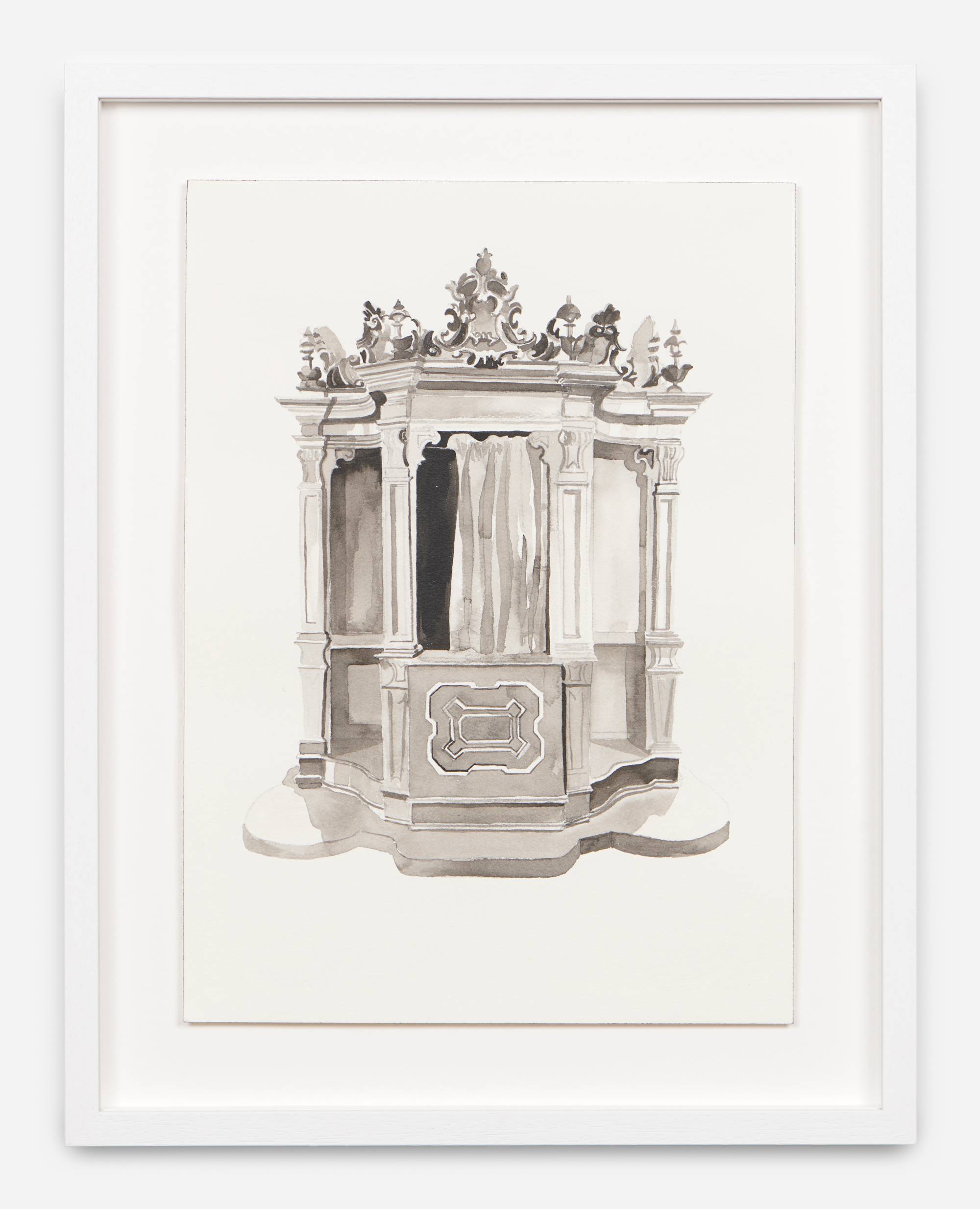 A small black ink drawing of a confession booth in a white frame.