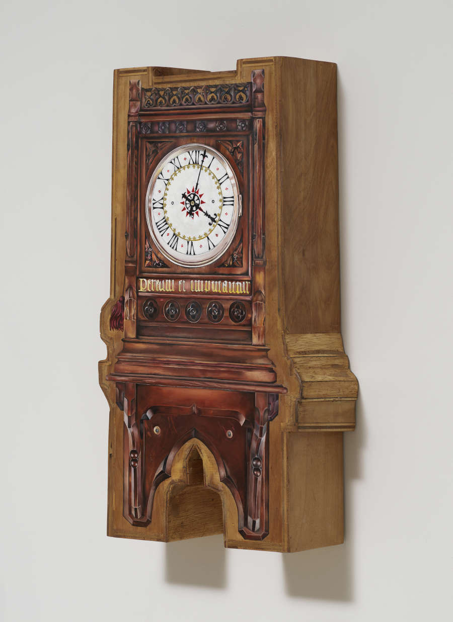 Image of an artwork by Libby Rothfeld of a shaped wooden panel with a very realistically rendered clock painted on the surface. This clock looks like an antique with a white face and very ornate woodwork.