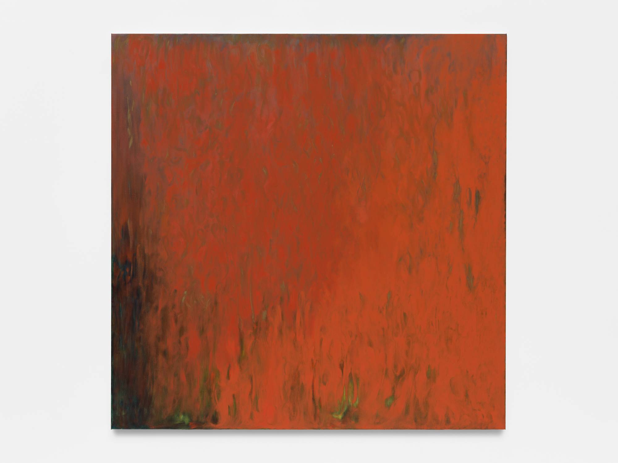 A large square abstract painting with a brushy yellow and blue underpainting with red, orange, and black accents.