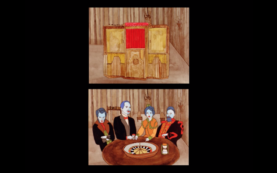 Still image from the animated film The Black Cabinet, showing two screens with a wooden room on the top screen showing a puppet show theater, and then on the bottom screen four figured in suits and dress sit around a roulette table.