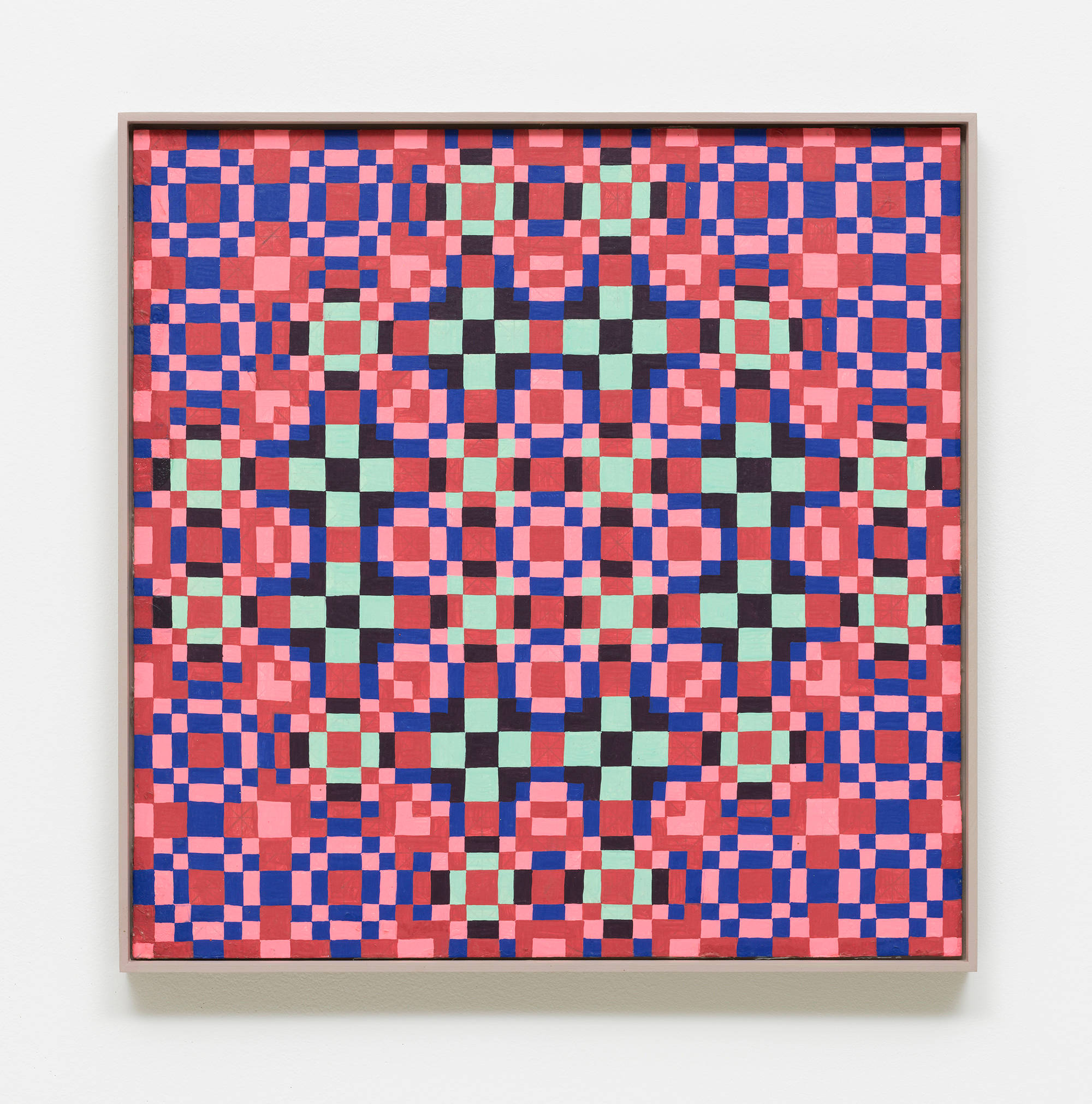 Painting by Matt Hoyt depicting a pink and red square and diamond abstract grid