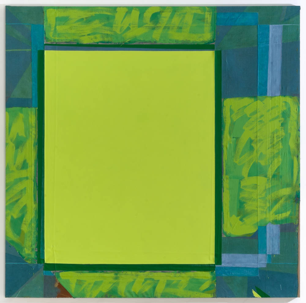 Large square painting, predominantly showing tones of fluorescent yellow. A central yellow rectangle is surrounded by brushy edges in yellows, greens, greys and blues.