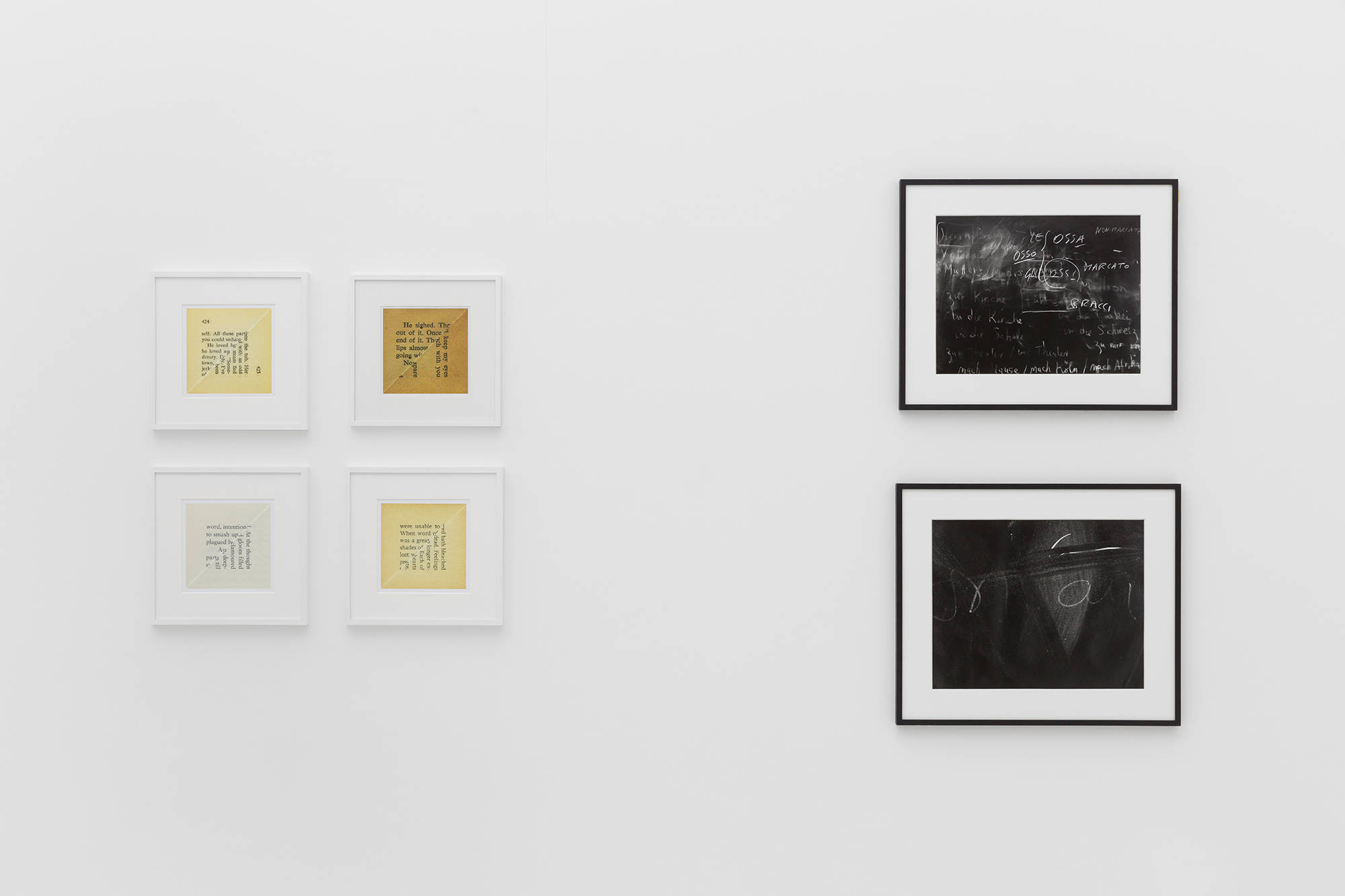 Installation view of Condo London exhibition taking place at Kate MacGarry gallery with several artworks in a white room with gray floors.