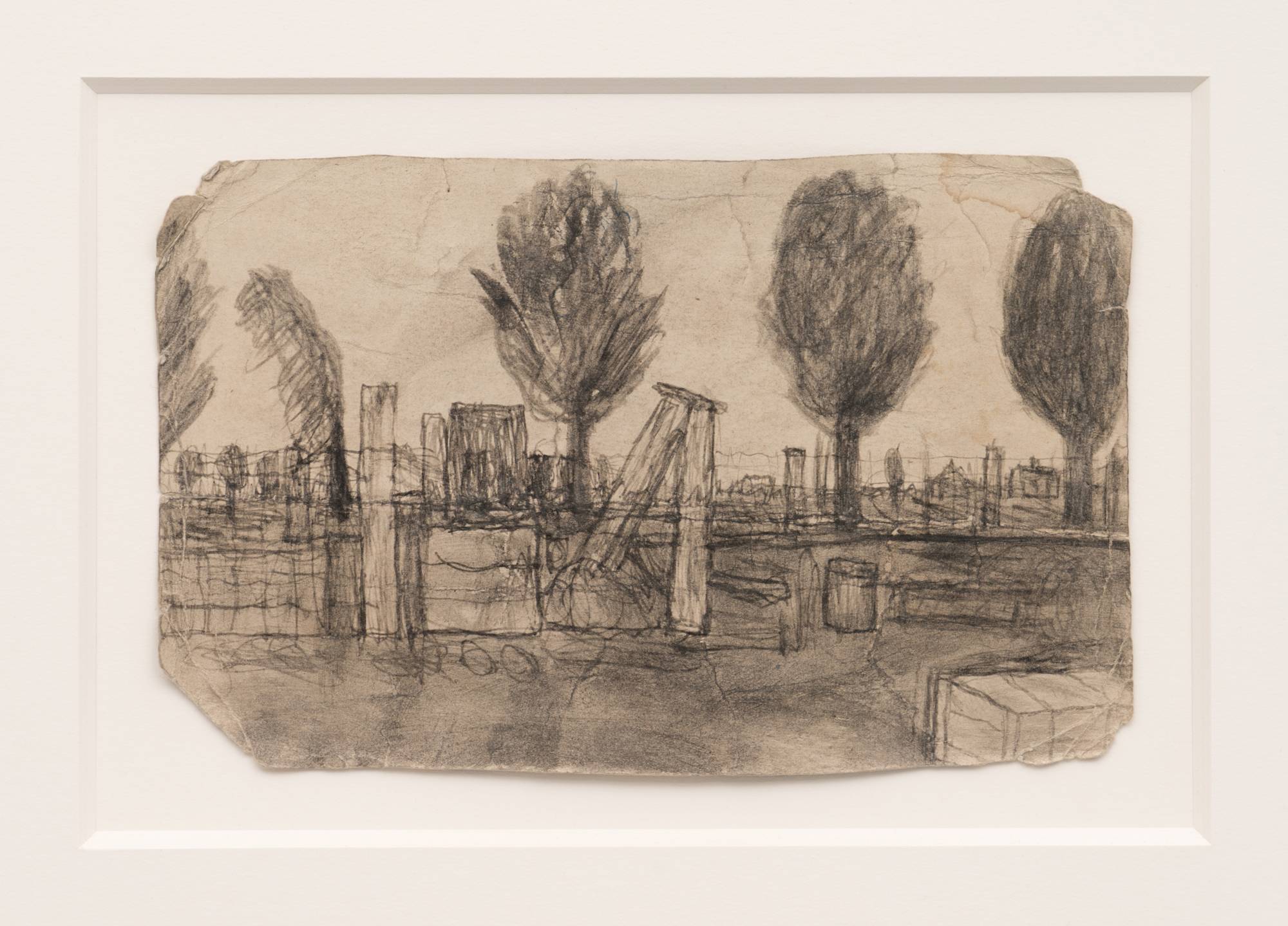 Detail of James Castle drawing featuring a landscape of trees against a light sky in wood frame.