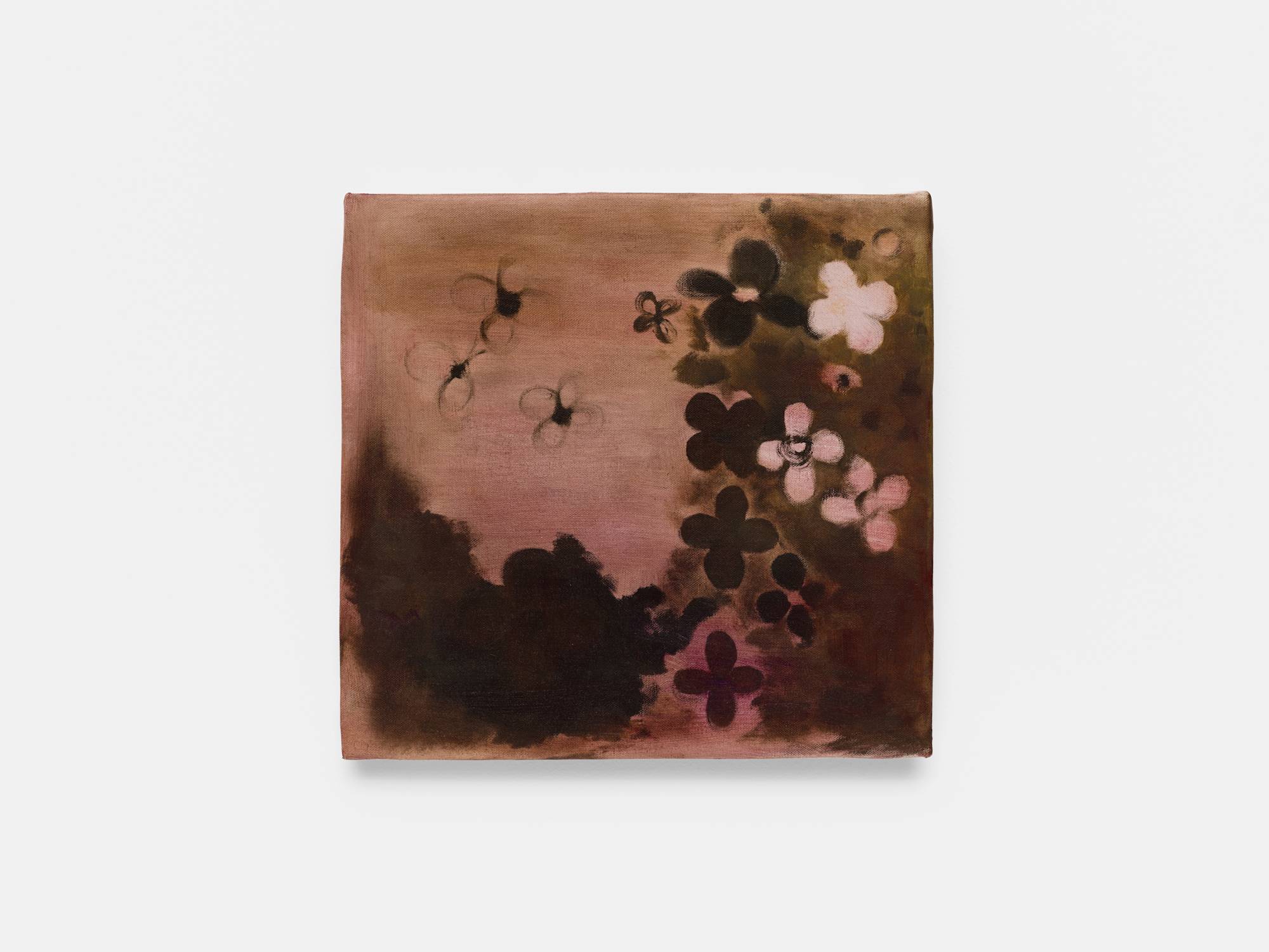 A small square abstract painting of flowers in hues of pink and brown.