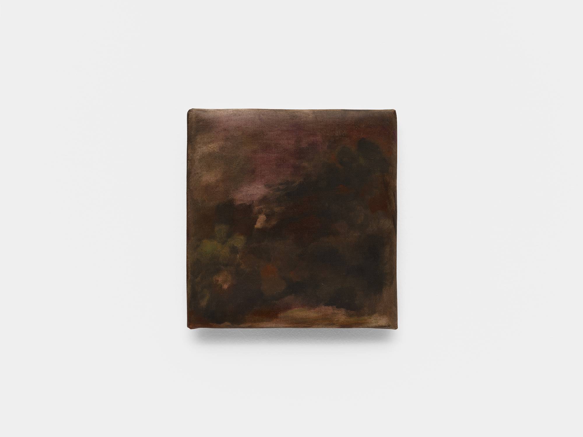 A small square abstract painting of flowers in brown hues.